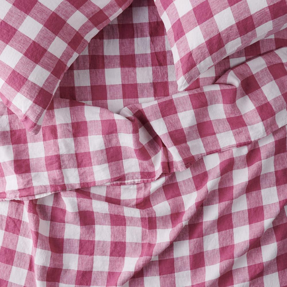 Premium 100% Linen Fitted Sheet - Fuchsia Gingham Pattern - Breathable & Soft Bedding - Perfect for Master Bedroom, Guest Room & Vacation Homes