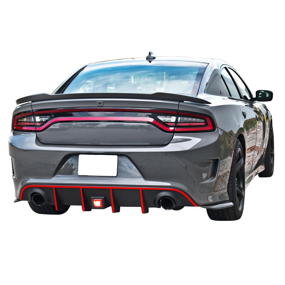 IKON MOTORSPORTS Rear Bumper Lip Diffuser with LED Brake Light & Red Reflective Tape - Compatible with 2015-2023 Dodge Charger SRT | Aggressive Style Upgrade for Street Racing & Car Shows