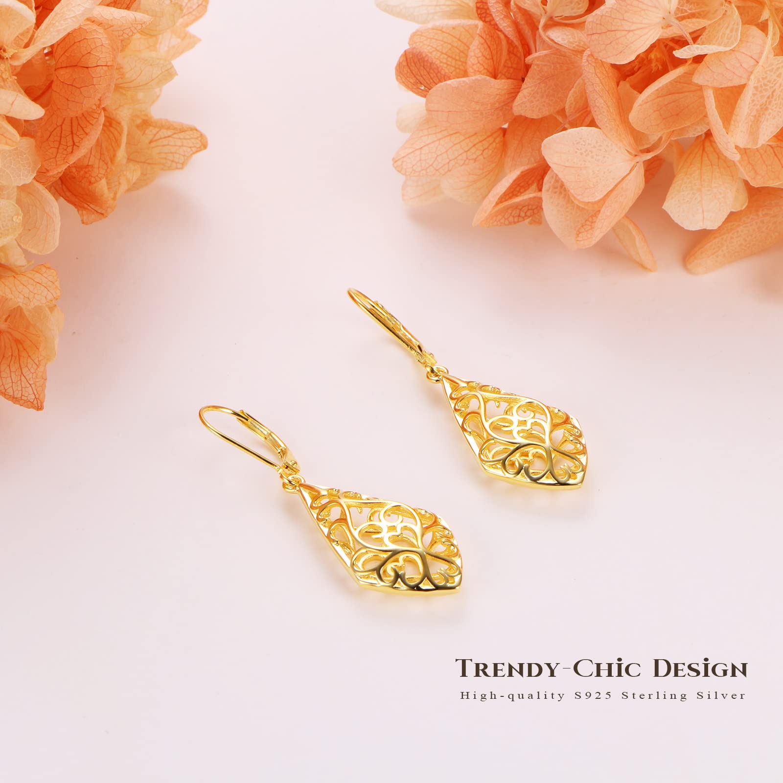 Teardrop Filigree Dangle Drop Leverback Earrings - Sterling Silver Jewelry for Women | Elegant Gift for Weddings, Parties & Special Occasions