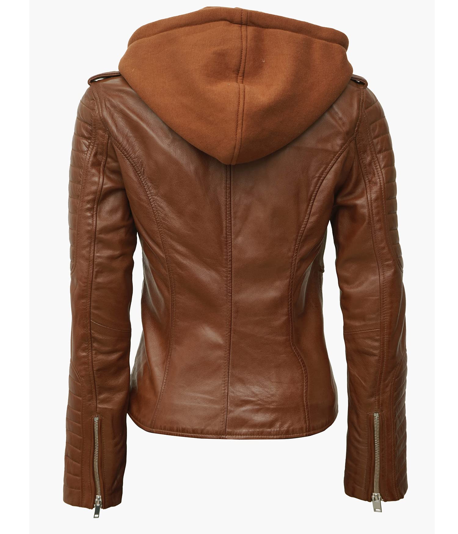 Decrum Women's Real Lambskin Leather Jacket with Removable Hood - Brown & Black Casual Biker Jacket for Women | Perfect for Motorcycle Riding, Fall Fashion & Everyday Wear
