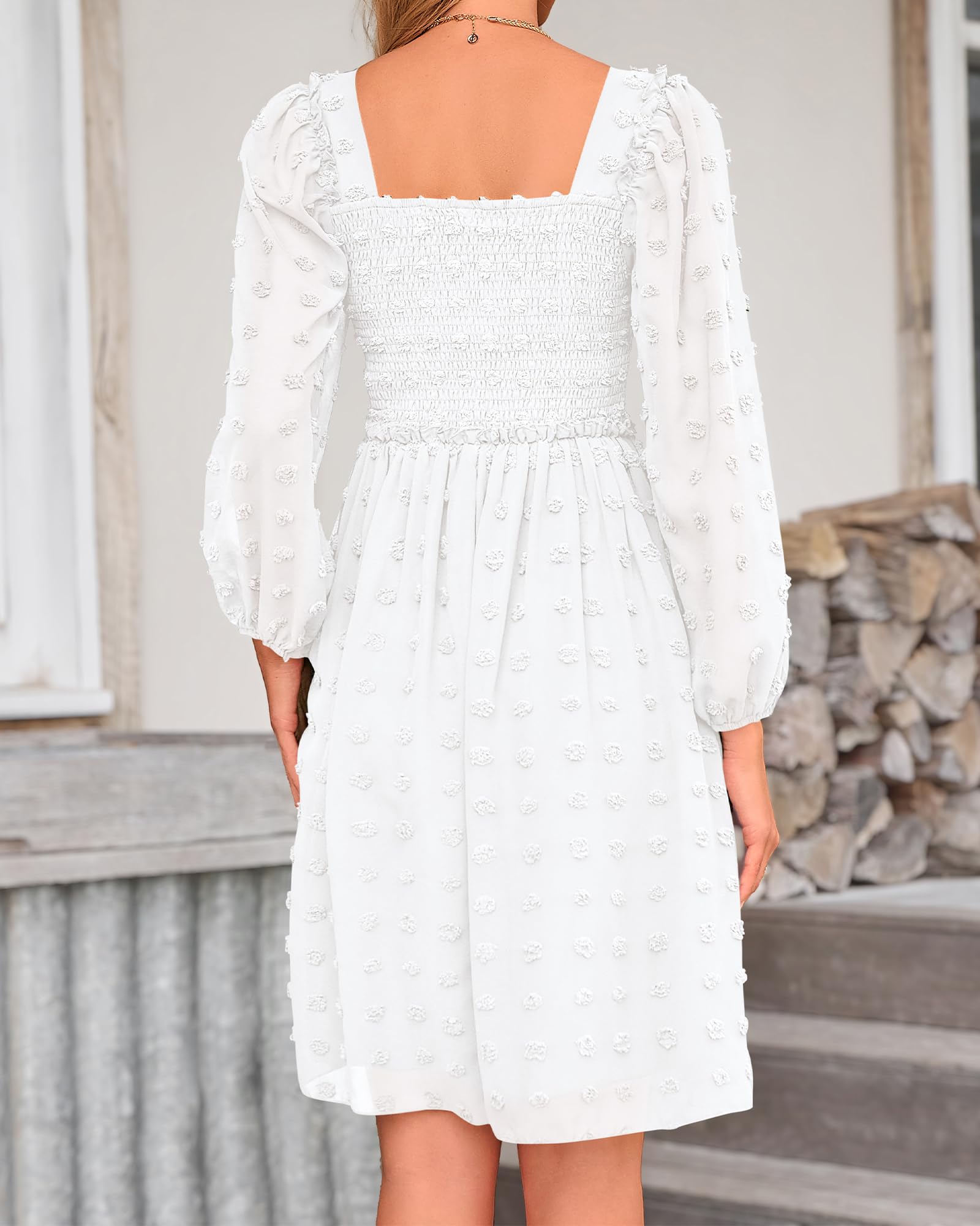 BTFBM Women's Floral Swiss Dot Smocked Mini Dress - Square Neck, Long Sleeve Boho Wedding Guest Dress for Spring & Summer 2025 | Perfect for Garden Parties, Bridal Showers & Casual Events