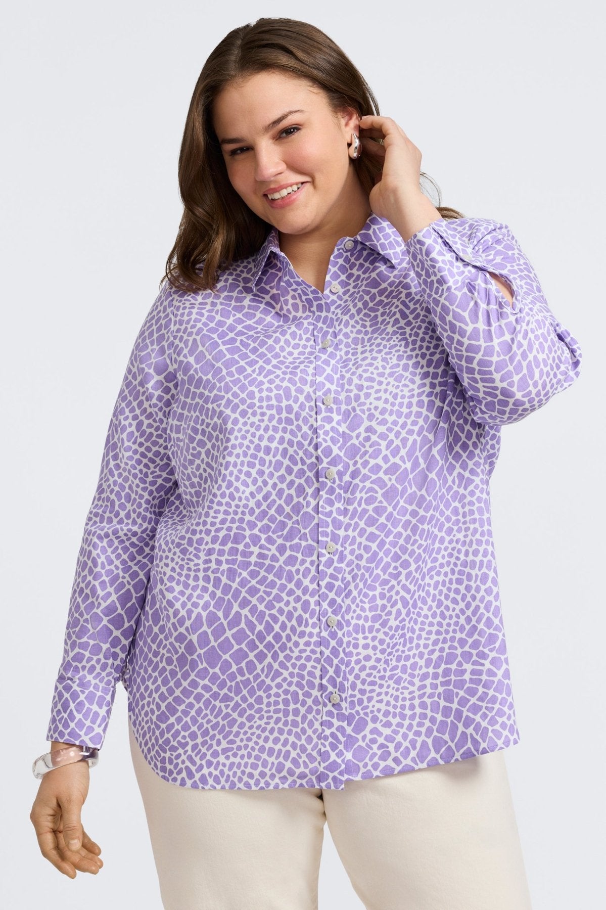 Meghan Plus Linen Giraffe Print Long Sleeve Shirt for Women - Casual Comfort Top for Work, Travel & Everyday Wear