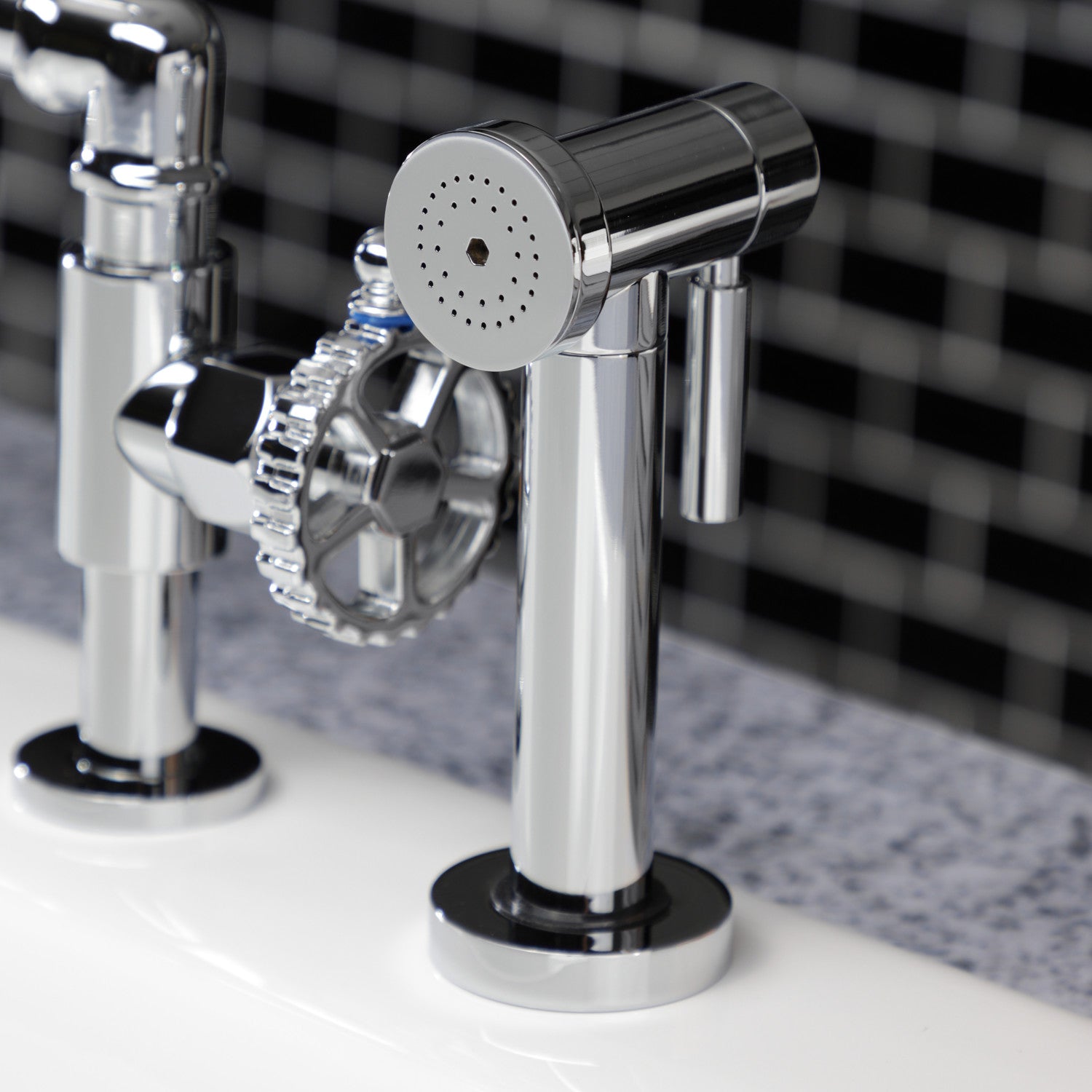 Industrial Style Two Handle 4-Hole Deck Mount Bridge Kitchen Faucet with Brass Side Sprayer - Perfect for Farmhouse, Commercial & Modern Kitchen Renovations