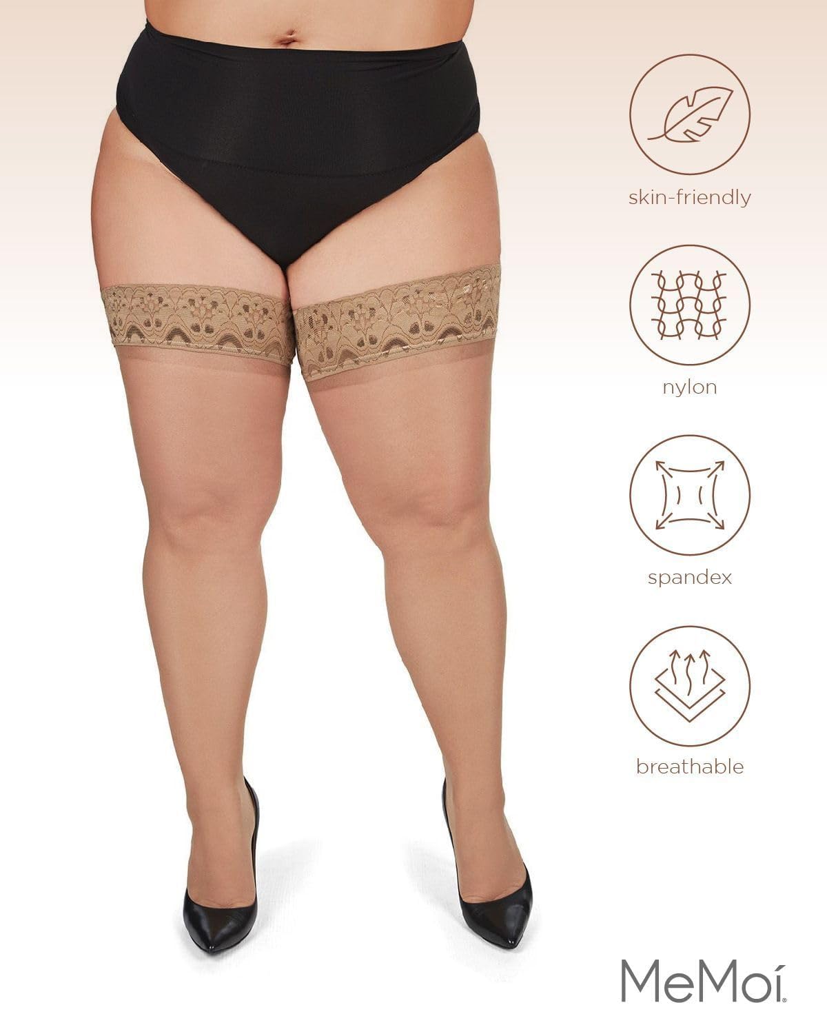 MeMoi Plus Size Thigh High Stockings for Women - Silky Lace Thigh Highs in Sizes 1X-7X - Comfortable & Sexy Stockings for Curvy Figures - Perfect for Date Night, Parties, and Special Occasions