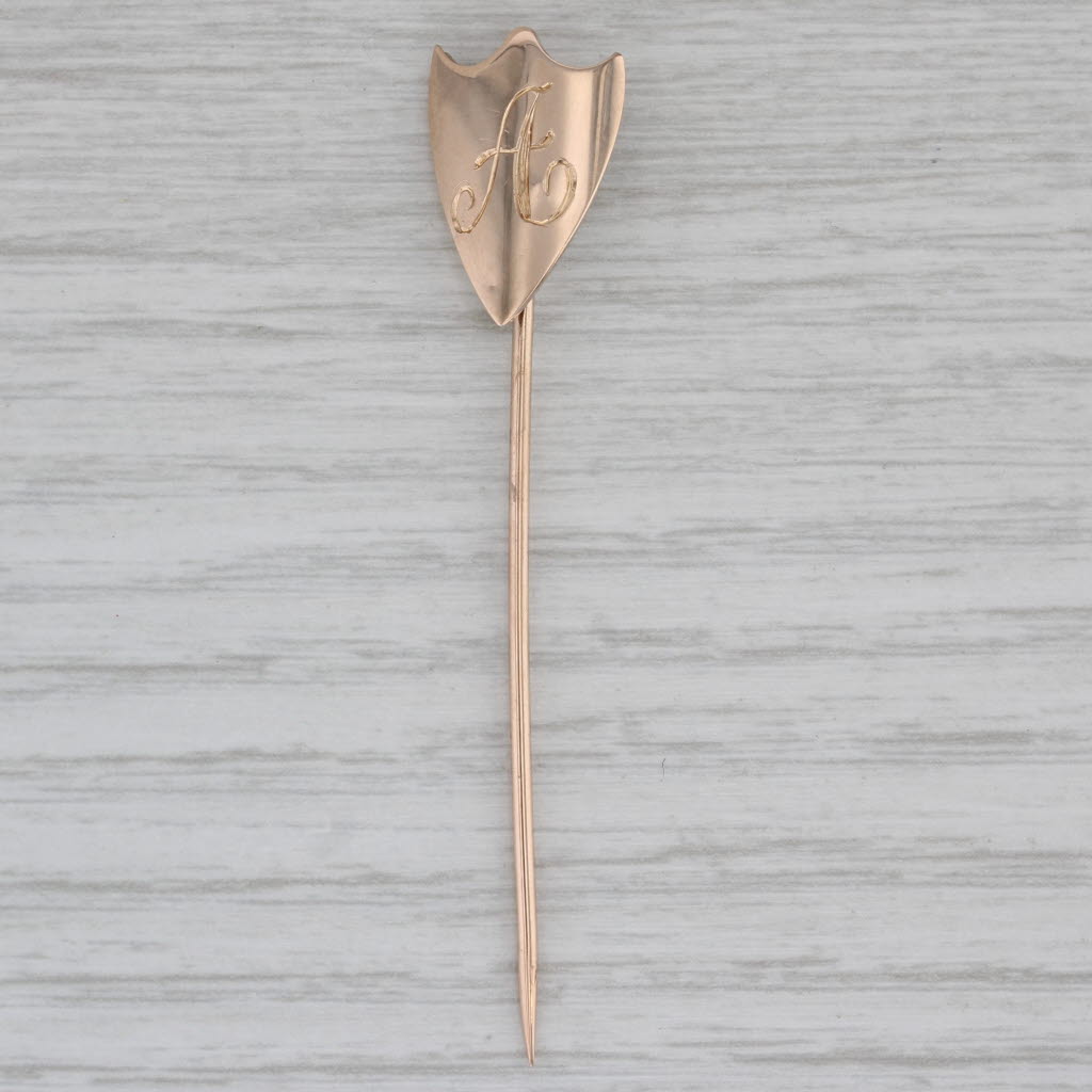 Antique 10k Yellow Gold Engraved Letter A Stickpin - Vintage Initial Shield Pin for Men & Women - Perfect for Weddings, Gifts & Formal Occasions
