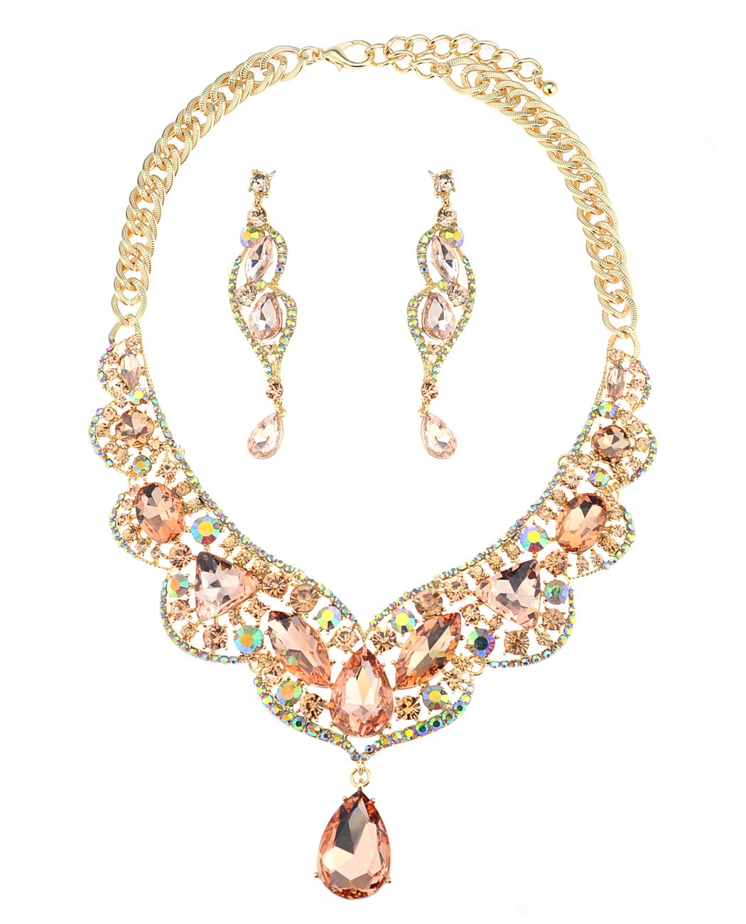 NYFashion101 Elegant Teardrop Accent Stone Necklace & Earrings Set - Dangling Crystal Jewelry for Women | Perfect for Parties, Weddings & Date Nights