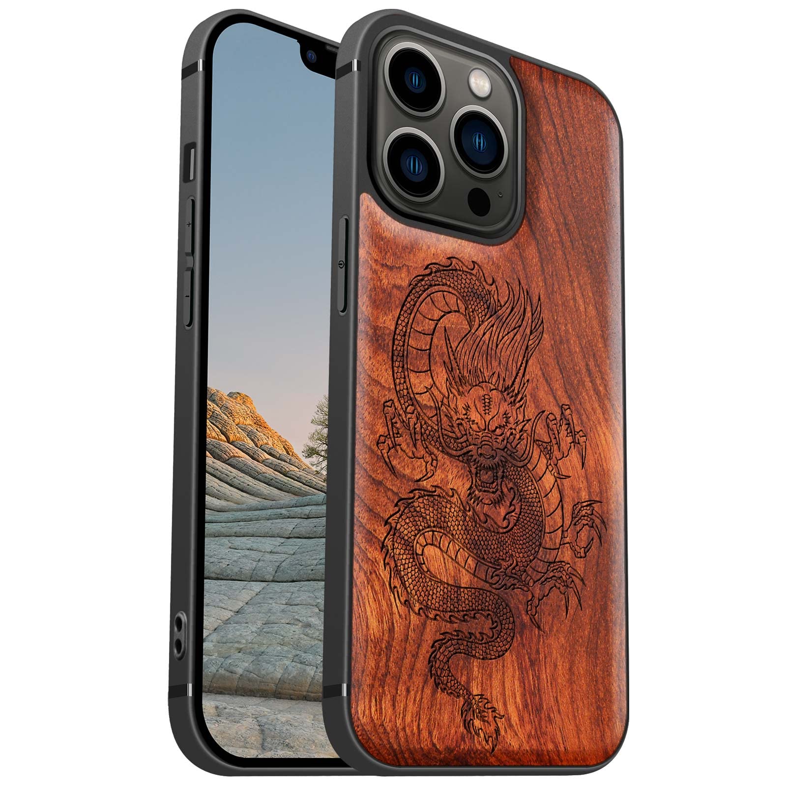 Premium Magnetic Wooden Case for iPhone 13 Pro - Hard Real Wood & Soft TPU Hybrid Shockproof Cover with MagSafe Compatibility - Chinese Dragon Carved Red Wood Protective Phone Case - Perfect for Business, Travel and Everyday Use