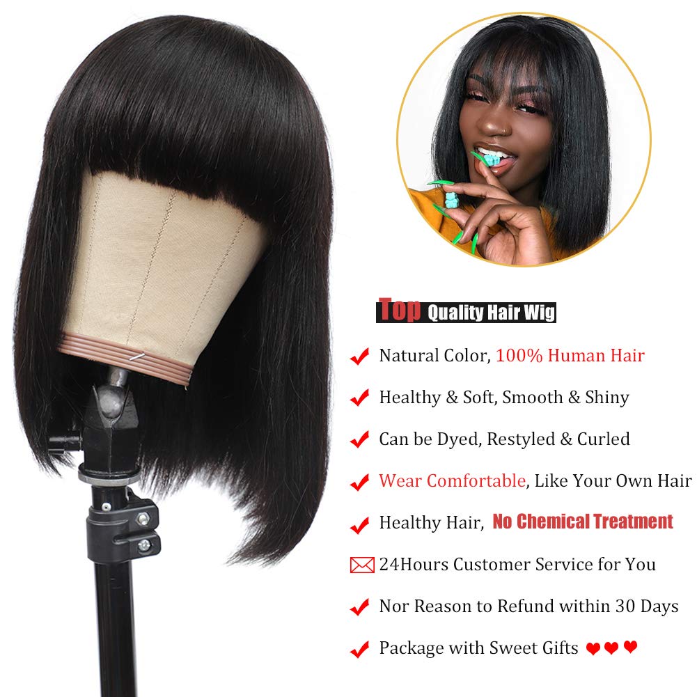 Royal Lady Brazilian Virgin Straight Short Bob Wigs with Bangs - 10 Inch Machine Made Human Hair Wigs for Women (Natural Color) | Perfect for Daily Wear, Cosplay & Fashion Styling