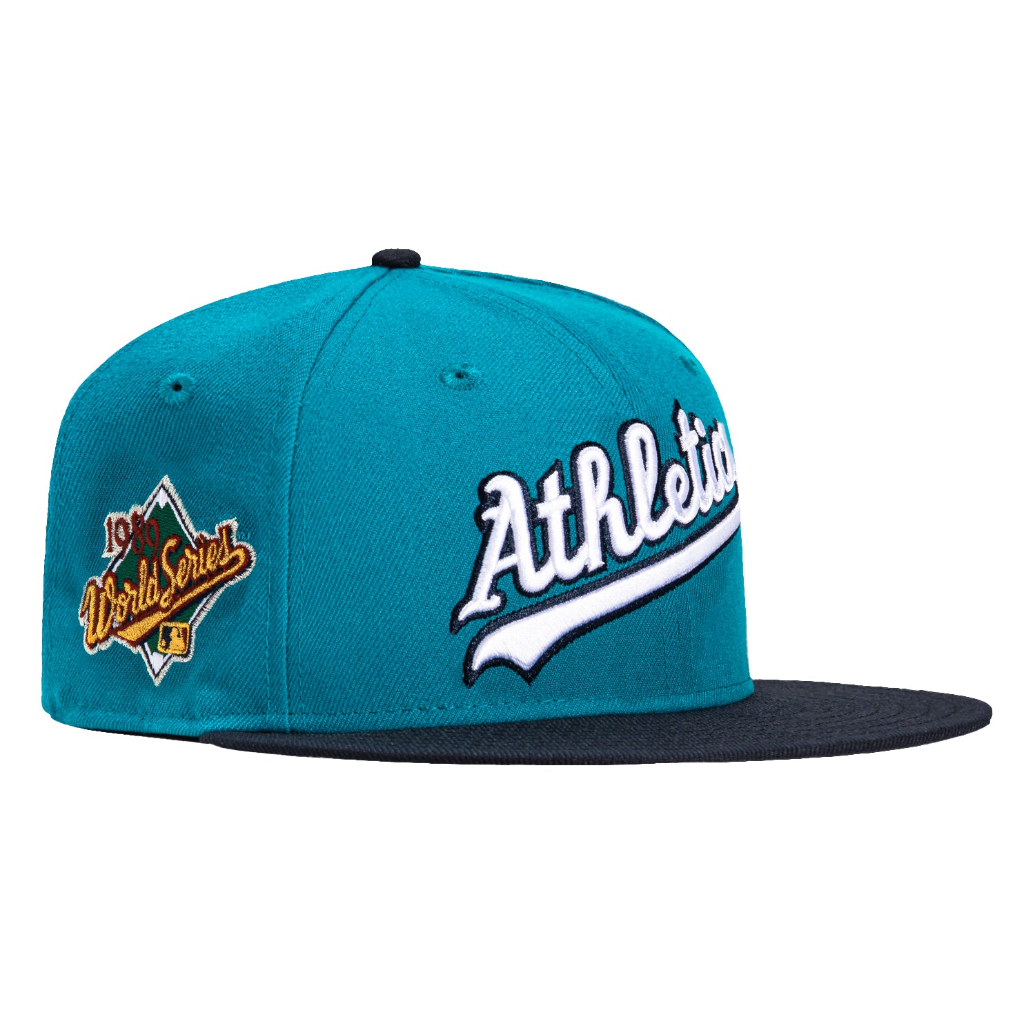 New Era 59Fifty Oakland Athletics 1989 World Series Patch Script Baseball Cap - Teal & Navy Blue - Vintage MLB Snapback Hat for Sports Fans & Collectors - Perfect for Games, Casual Wear & Memorabilia Display