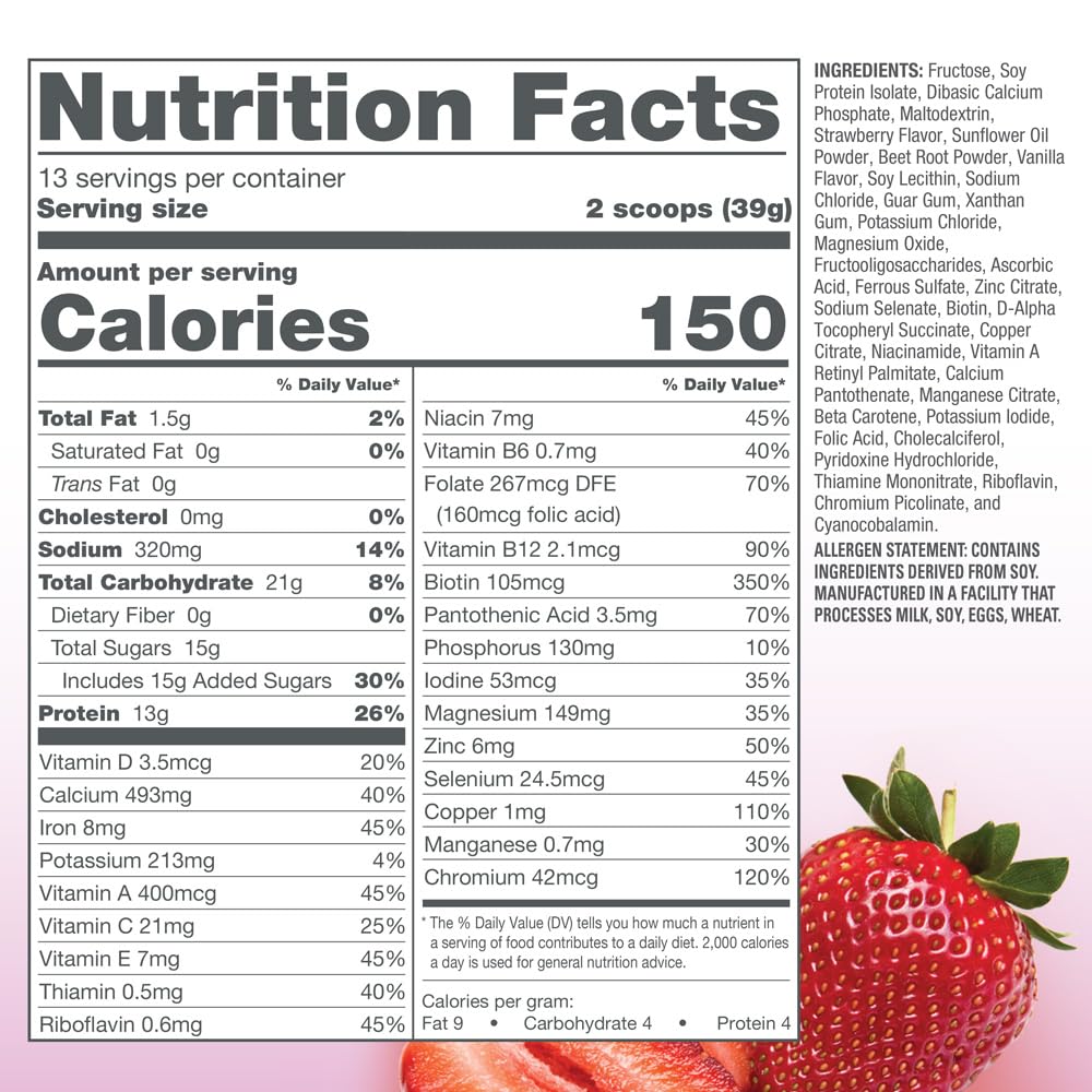 Naturade Total Soy Protein Powder - 13g Protein & 150 Calories per Serving - Non-GMO, Vegan, Gluten & Lactose Free - Strawberry Creme Flavor (13 Servings) - Perfect for Post-Workout Recovery & Smoothie Boosts