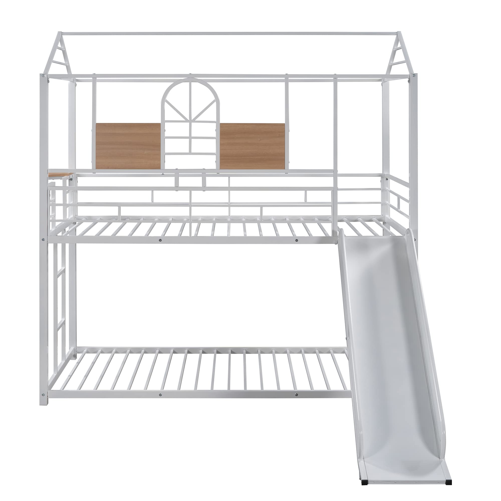 **Metal Twin Over Twin Bunk Bed Frame for Kids & Toddlers - Low Cabin Bunk Bed with Ladder & Slide - No Box Spring Needed - White - Perfect for Small Rooms, Shared Kids' Bedrooms & Sleepovers**