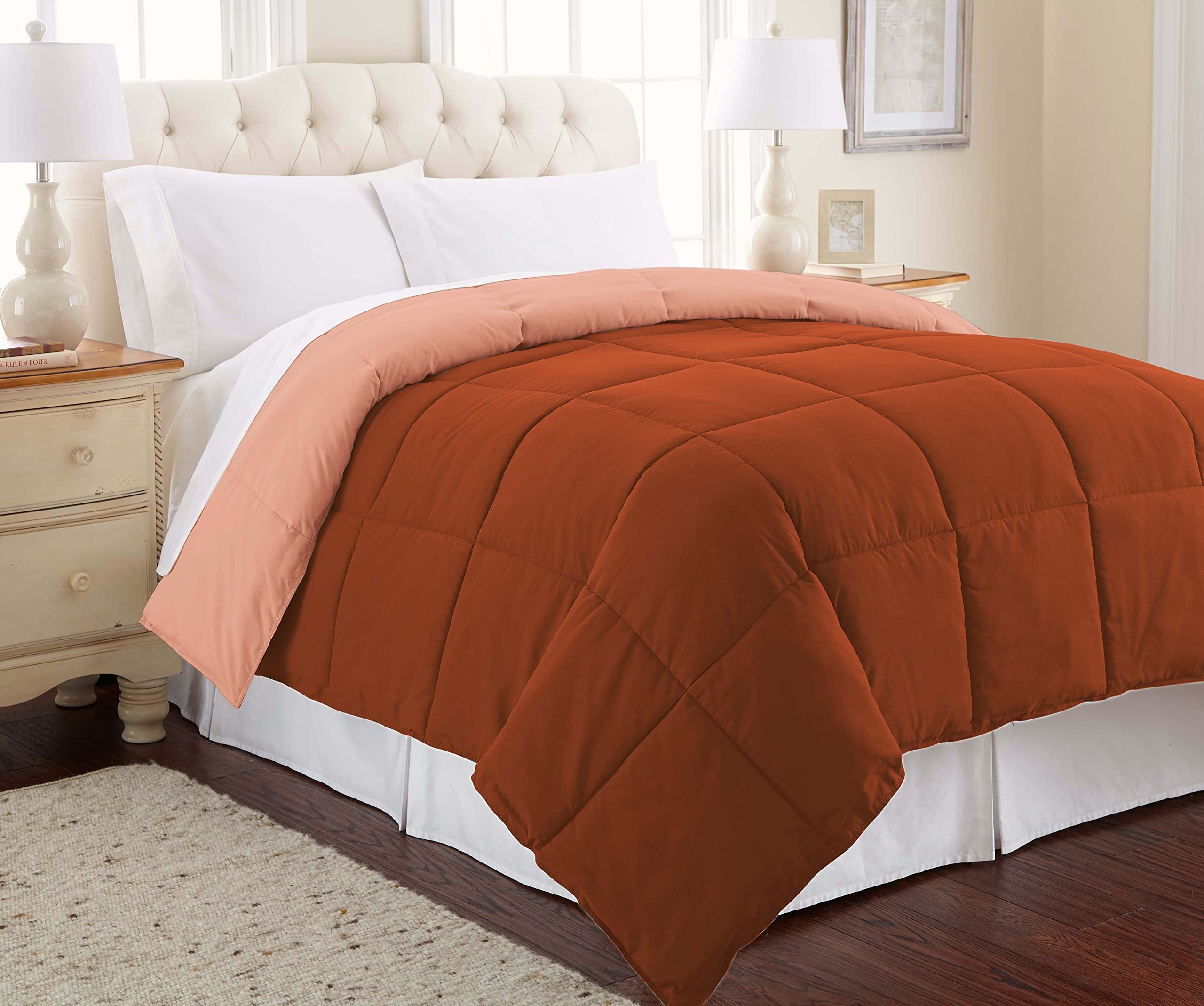 Modern Threads Down Alternative Microfiber Quilted Reversible Comforter & Duvet Insert - Soft, Hypoallergenic, All-Season Bedding - Full/Queen Size in Rust/Clay - Perfect for Cozy Nights, Guest Rooms & Dorm Essentials