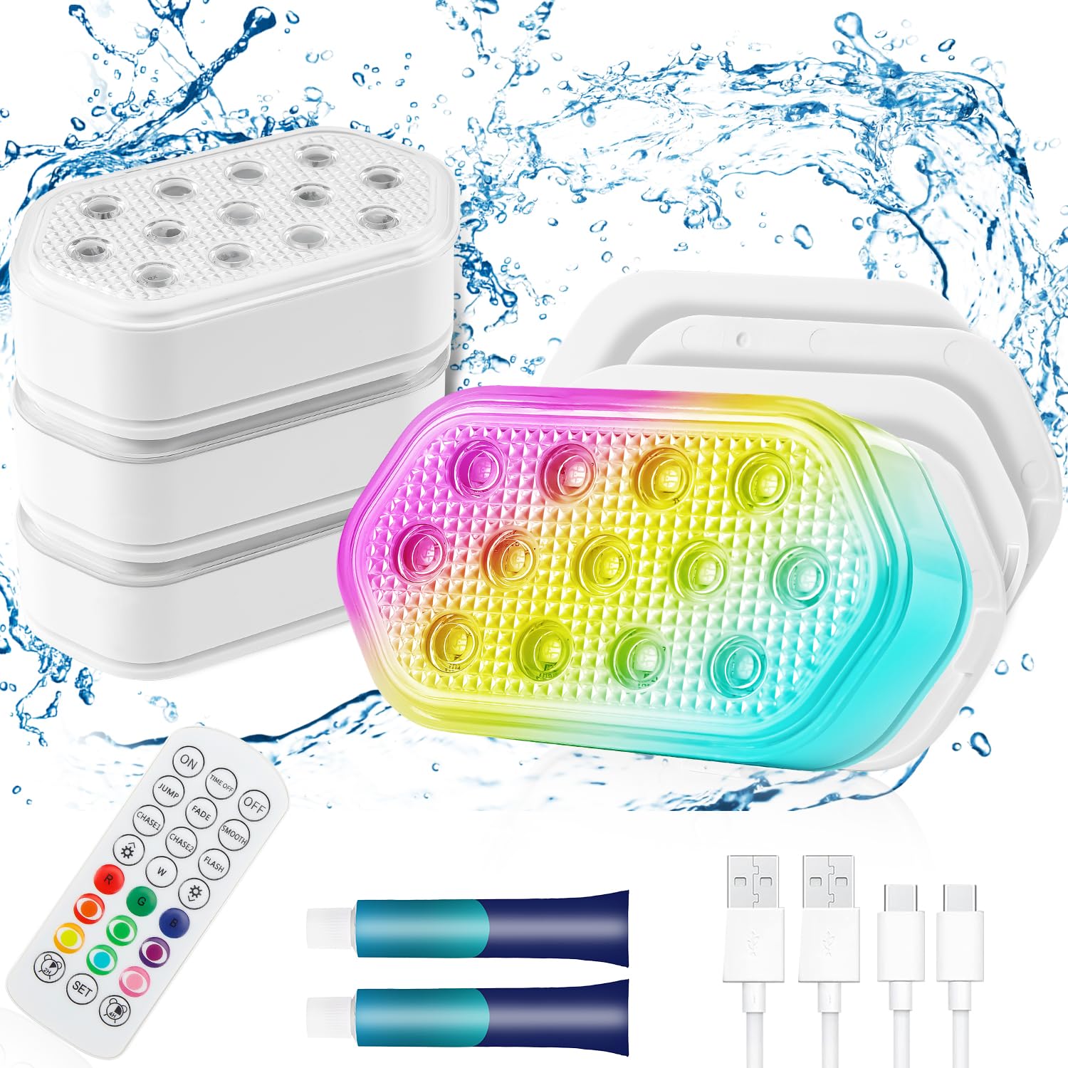 Rechargeable Submersible LED Pool Lights - 16 Color Chase Mode, IP68 Waterproof, Floating Lights with Remote (4 Pack) | Perfect for Inground Pools, Hot Tubs, and Backyard Water Features