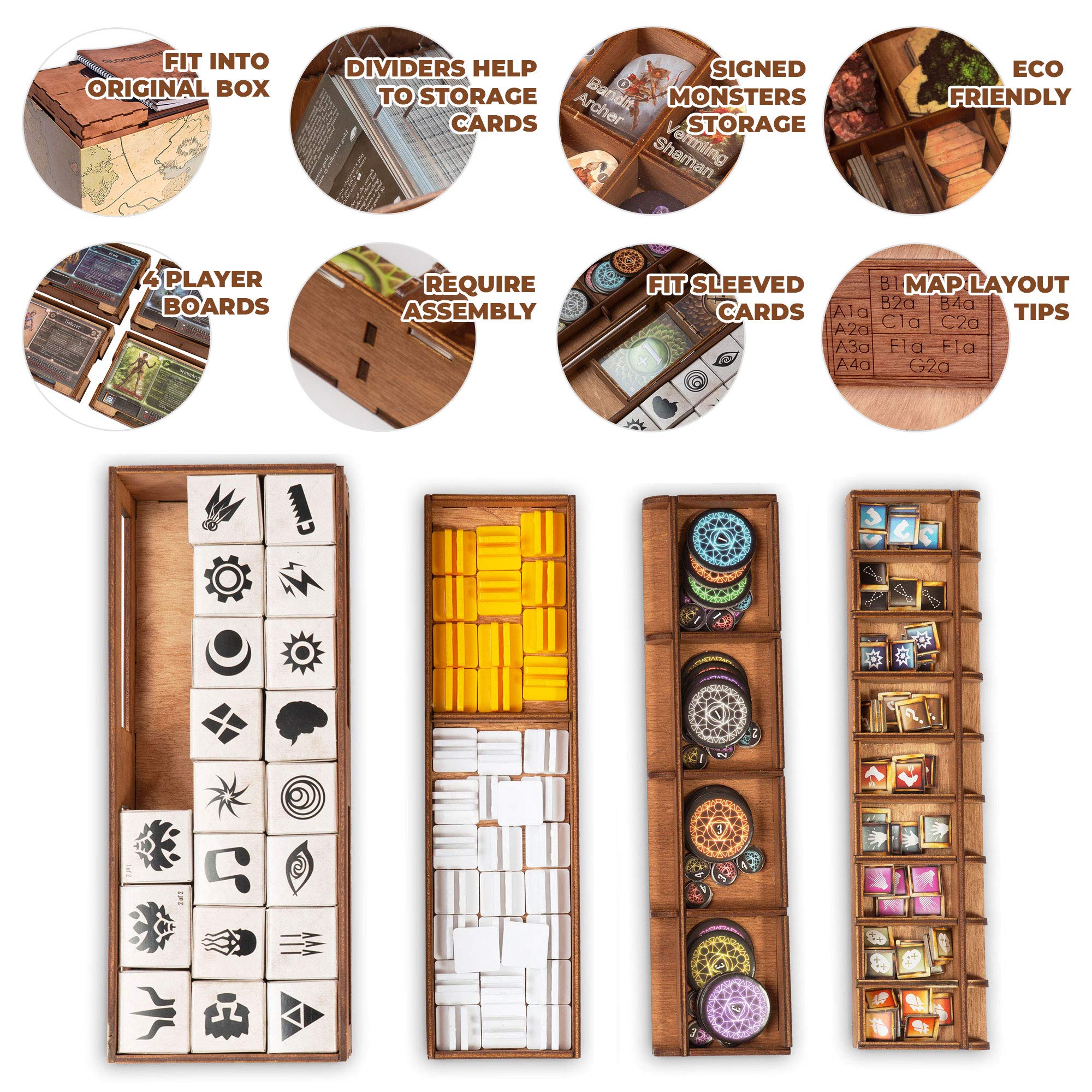 SMONEX Wooden Organizer & 4 Player Boards for Gloomhaven Board Game - Storage Box Fits All Expansions - Premium Insert for Game Organization - Perfect for Game Nights & Tabletop RPG Storage