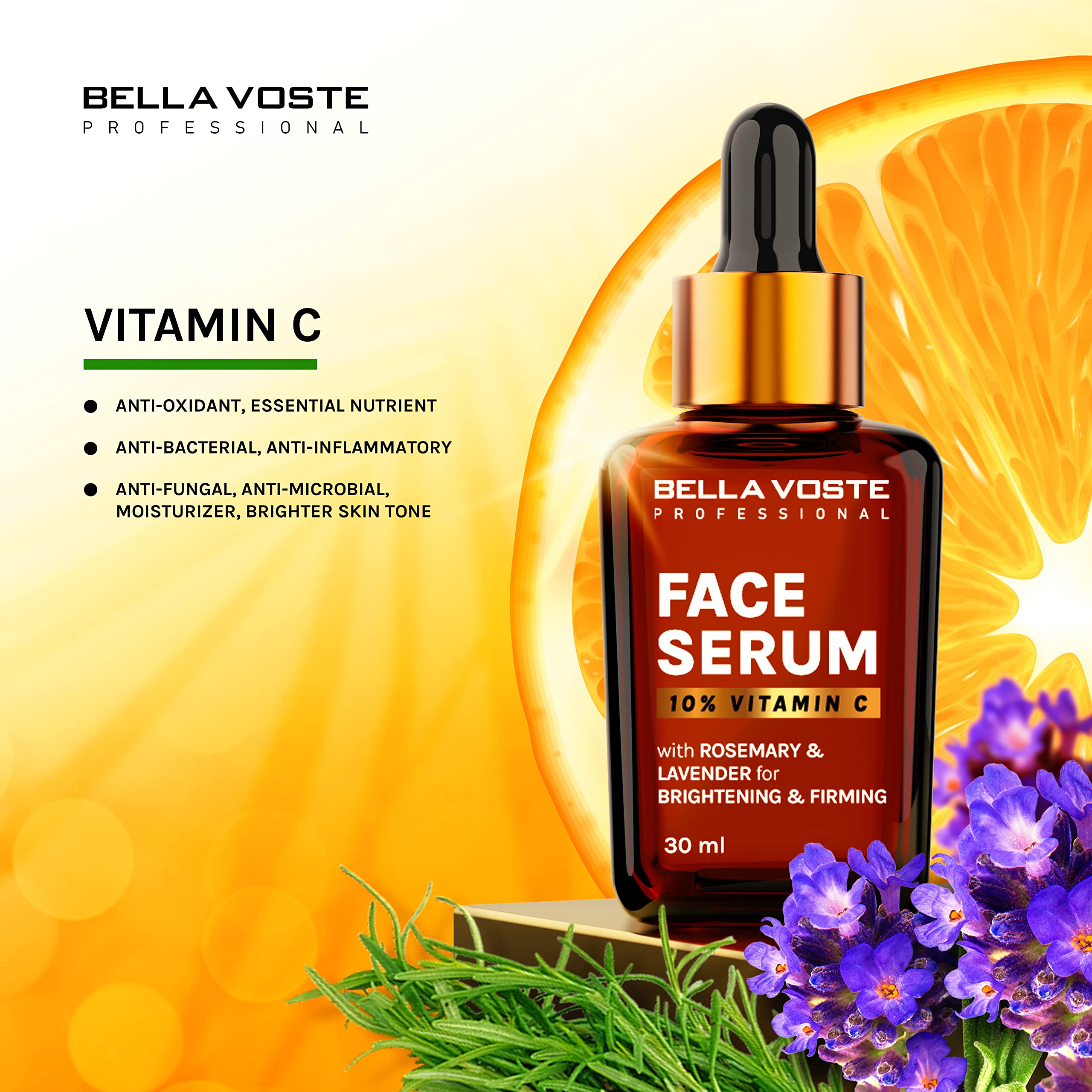 Bella voste Professional 10% Vitamin C Face Serum with Rosemary & Lavender - Brightening & Firming Anti-Aging Treatment for Glowing Skin | Day & Night Use for All Skin Types