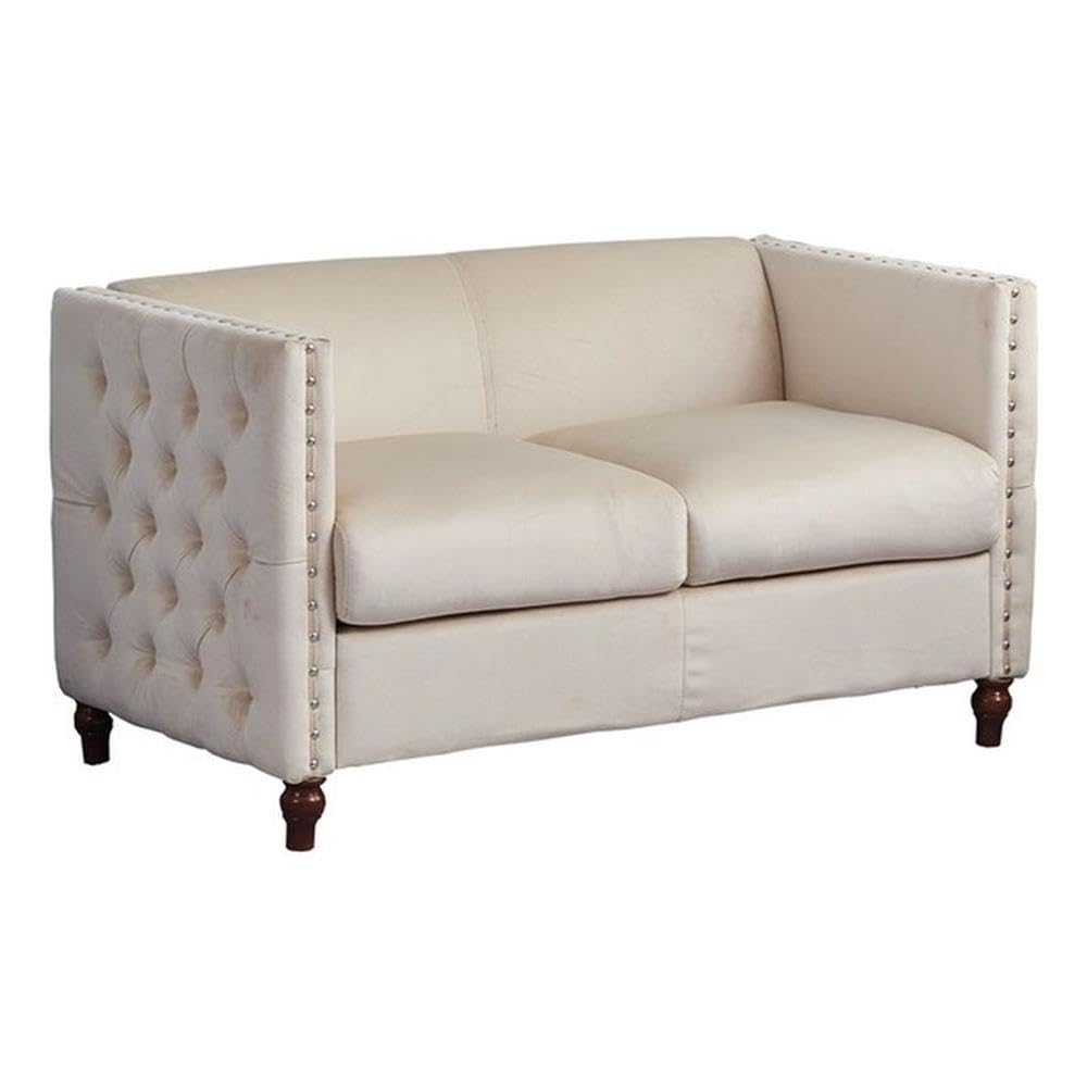 Luxury Avin Velvet Nail Head Loveseat Sofa - Beige Upholstered Living Room Furniture for Small Spaces | Perfect for Apartments, Condos & Cozy Home Decor