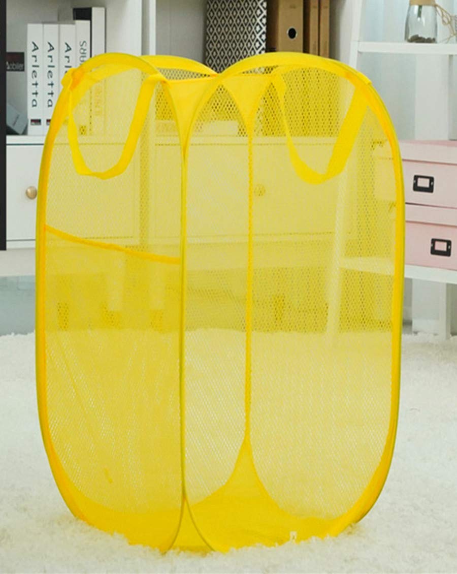 Foldable Mesh Laundry Hamper with Large Pocket - Portable Pop-Up Clothes Basket for College Dorm, RV & Travel - Yellow Rectangle Organizer Bin for Bedroom, Bathroom & Camping