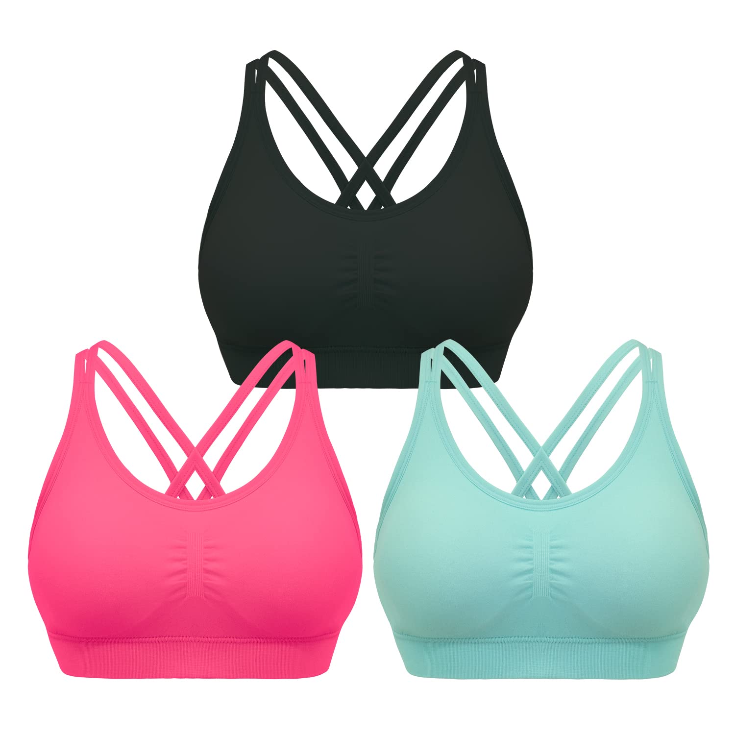 DREAM SLIM Women's 3 Pack Cross Back Strappy Sports Bra - Comfortable Medium Impact Wireless Bralette for Yoga, Workout & Gym - Breathable Seamless Activewear for Running, Pilates & Fitness Training