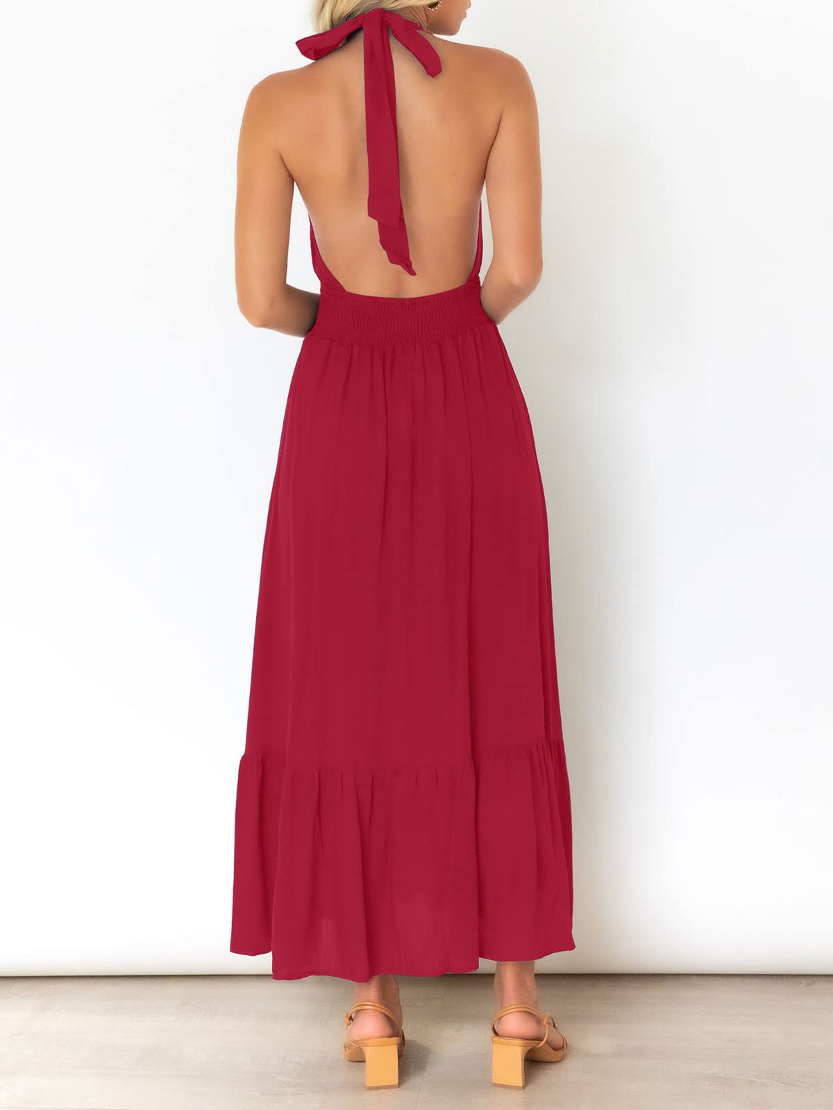 ZESICA Women's 2025 Summer Halter Neck Sleeveless Plaid Maxi Dress with Cut Out Back - Flowy A-Line Design for Beach Vacation, Party & Date Night