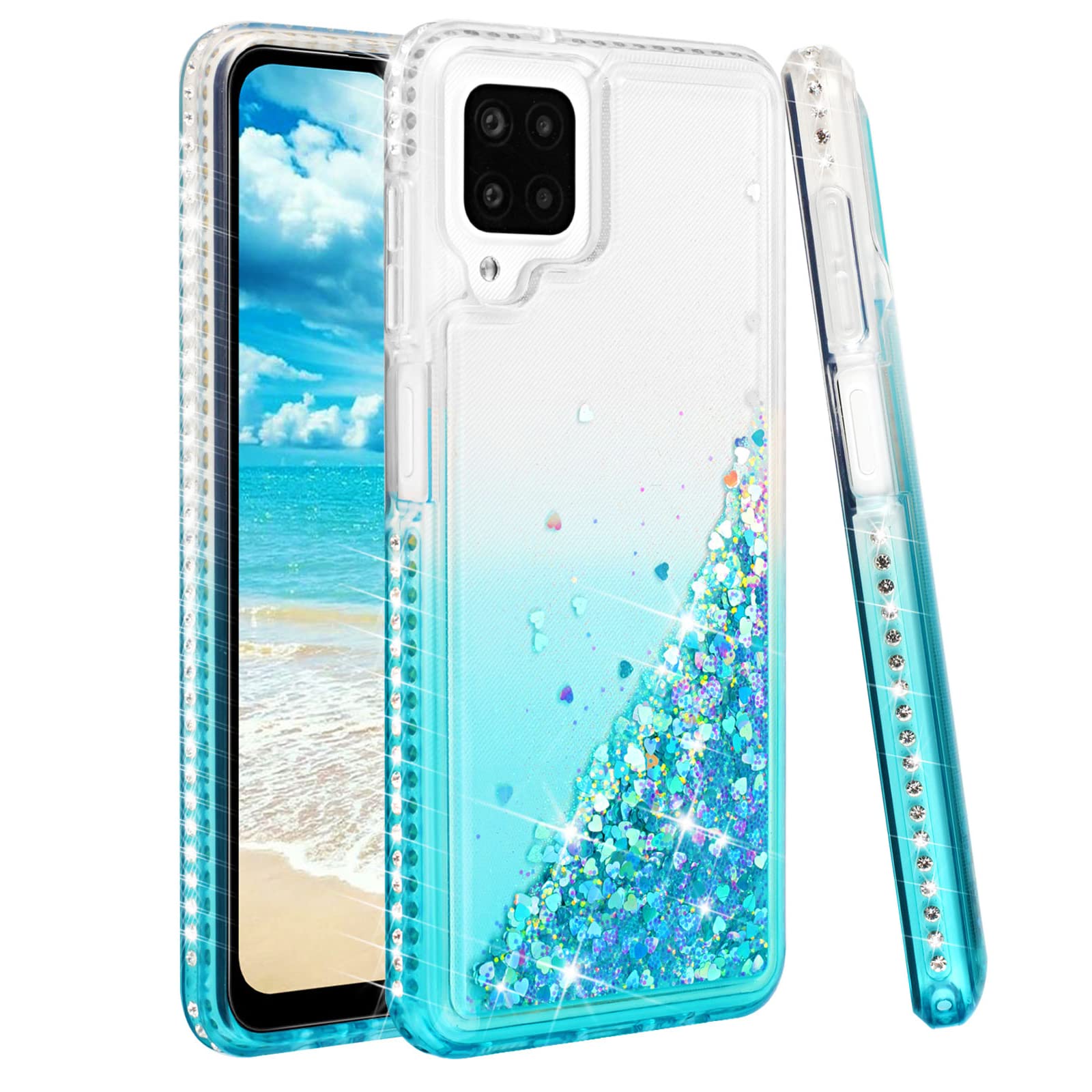 Sparkly Glitter Samsung Galaxy A12 Phone Case for Women - Slim Gradient Moving Liquid Quicksand Cover with Bling Diamonds | Perfect for Everyday Use, Parties & Gift Giving (Gradient Teal)