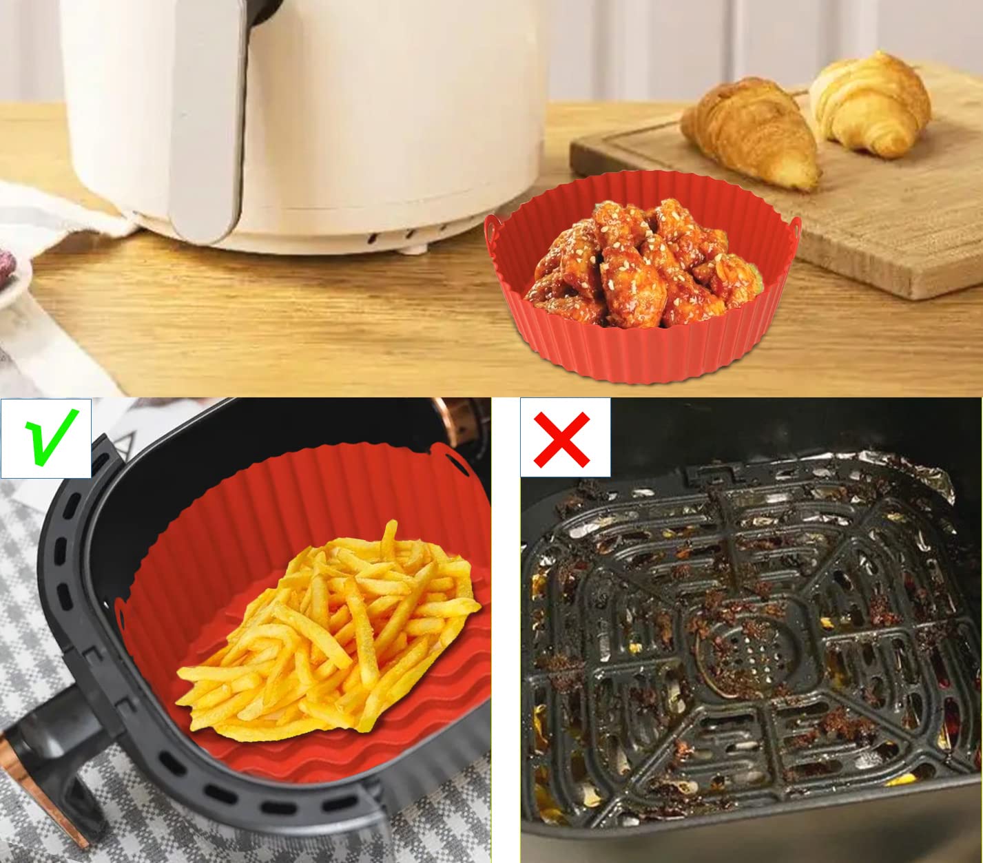 8.5-Inch Air Fryer Basket with 2 Kitchen Gloves - Reusable Silicone Accessories for 5-8 Qt Air Fryers (Red) - Perfect for Healthy Frying, Roasting, and Baking at Home