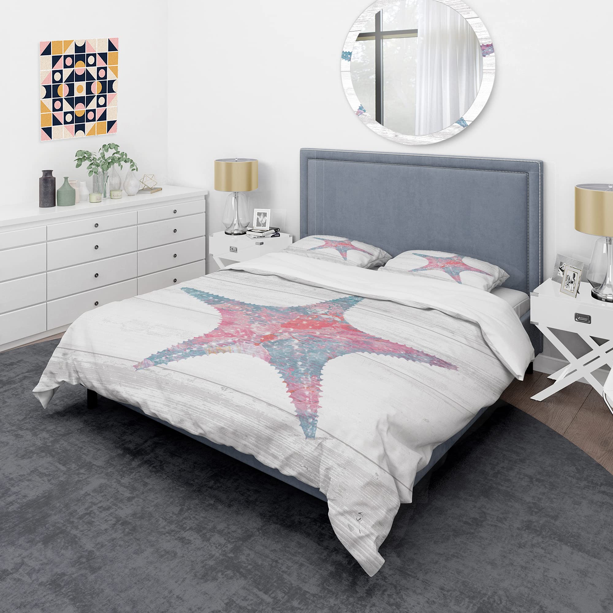 Pink Starfish Duvet Cover Set King - Coastal Ocean Life Bedding for All Seasons
