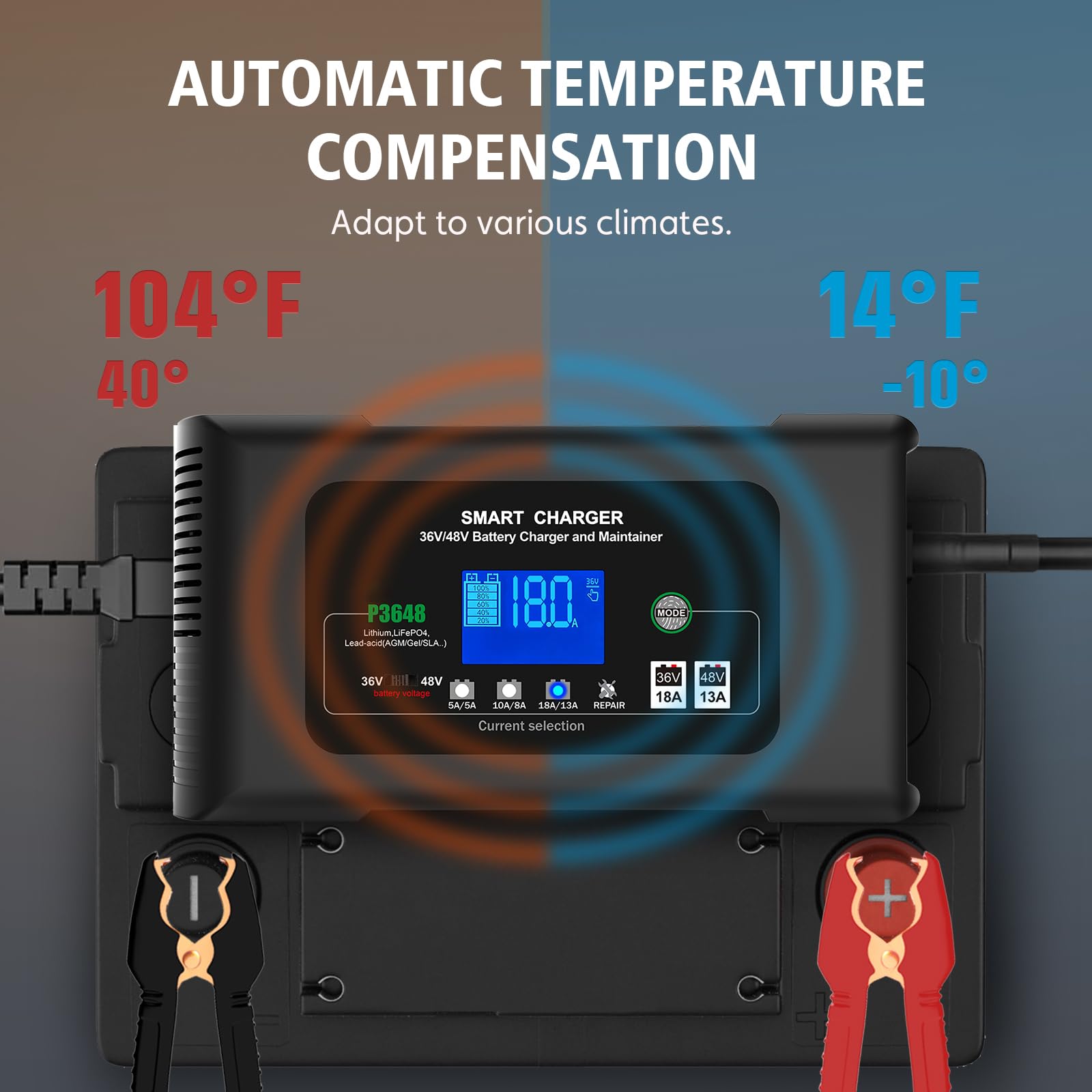 48V 13A & 36V 18A Smart Golf Cart Battery Charger with LCD Display - Lithium/LiFePO4/Lead-Acid AGM/Gel/SLA Trickle Charger - Compatible with EZGO RXV & TXT (3-Pin Triangle Connector) - Perfect for Golf Carts, Electric Vehicles & Marine Batteries