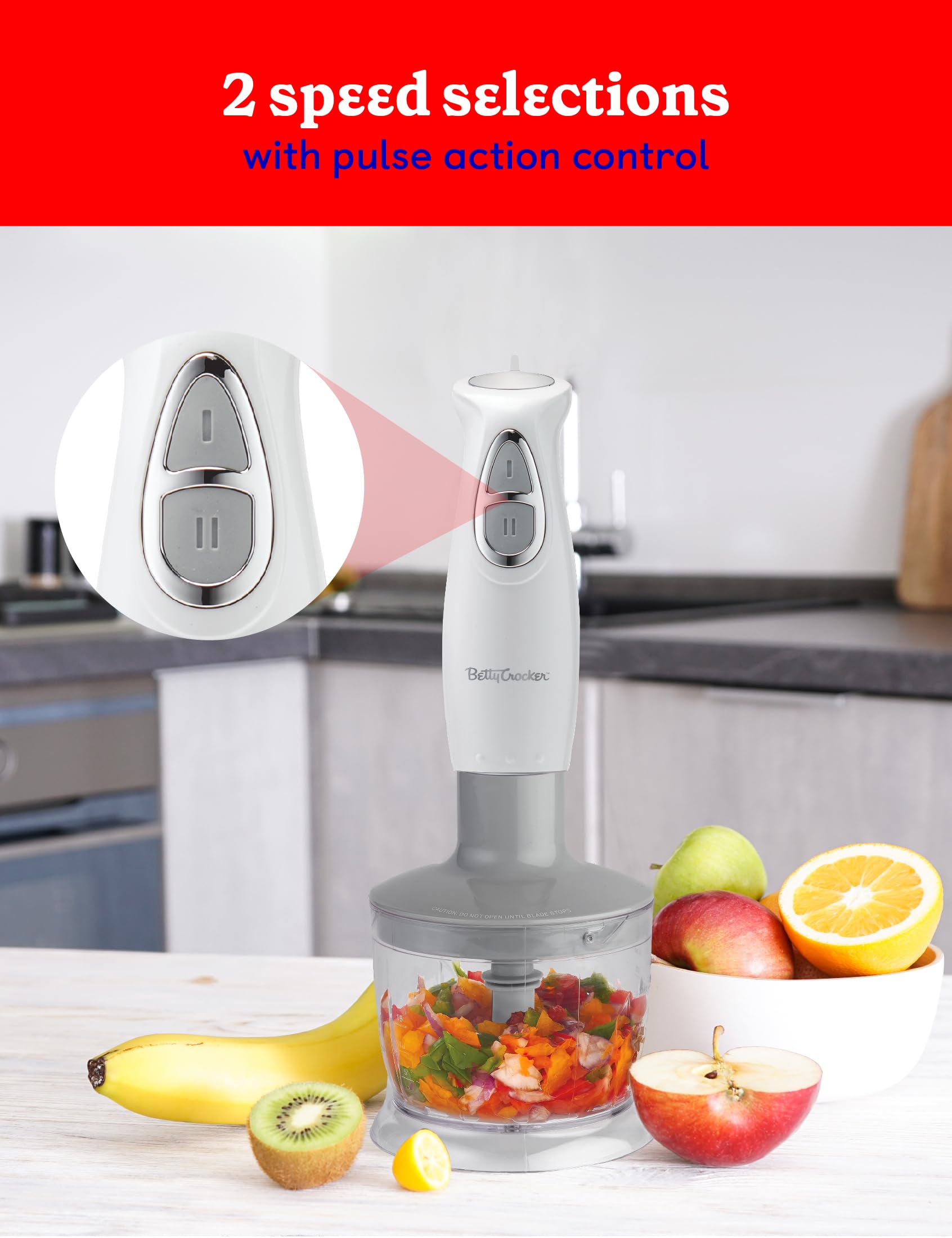 **Betty Crocker 250W Immersion Blender - 2-Speed Handheld Mixer with Stainless Steel Blade, Beaker & Whisk - Ergonomic Handle for Smoothies, Soups & Baking - Perfect for Home & Kitchen (White)**