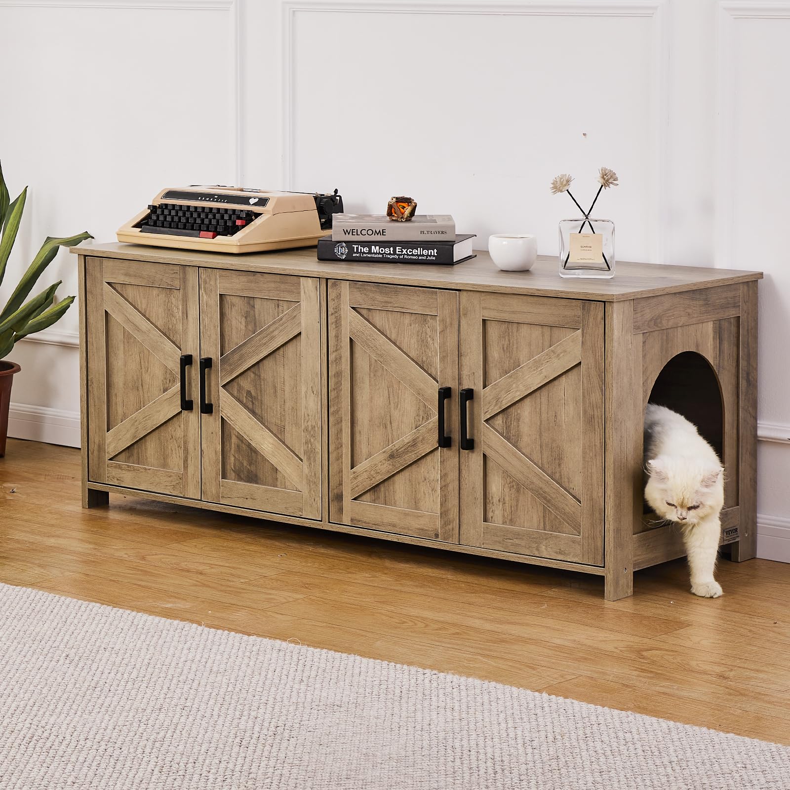 VEVOR Wooden Cat Litter Box Enclosure Cabinet for 2 Cats - Double Room Hidden Litter Box Furniture (47.2