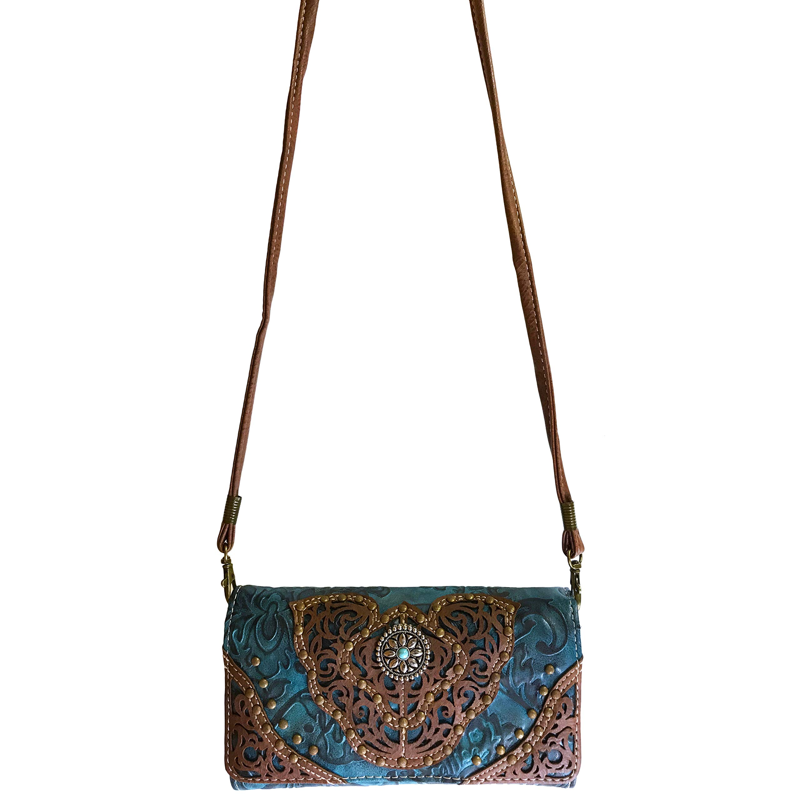 Zelris Women's Western Floral Damask Medallion Crossbody Wristlet Trifold Wallet - Turquoise | Perfect for Everyday Use, Travel & Special Occasions