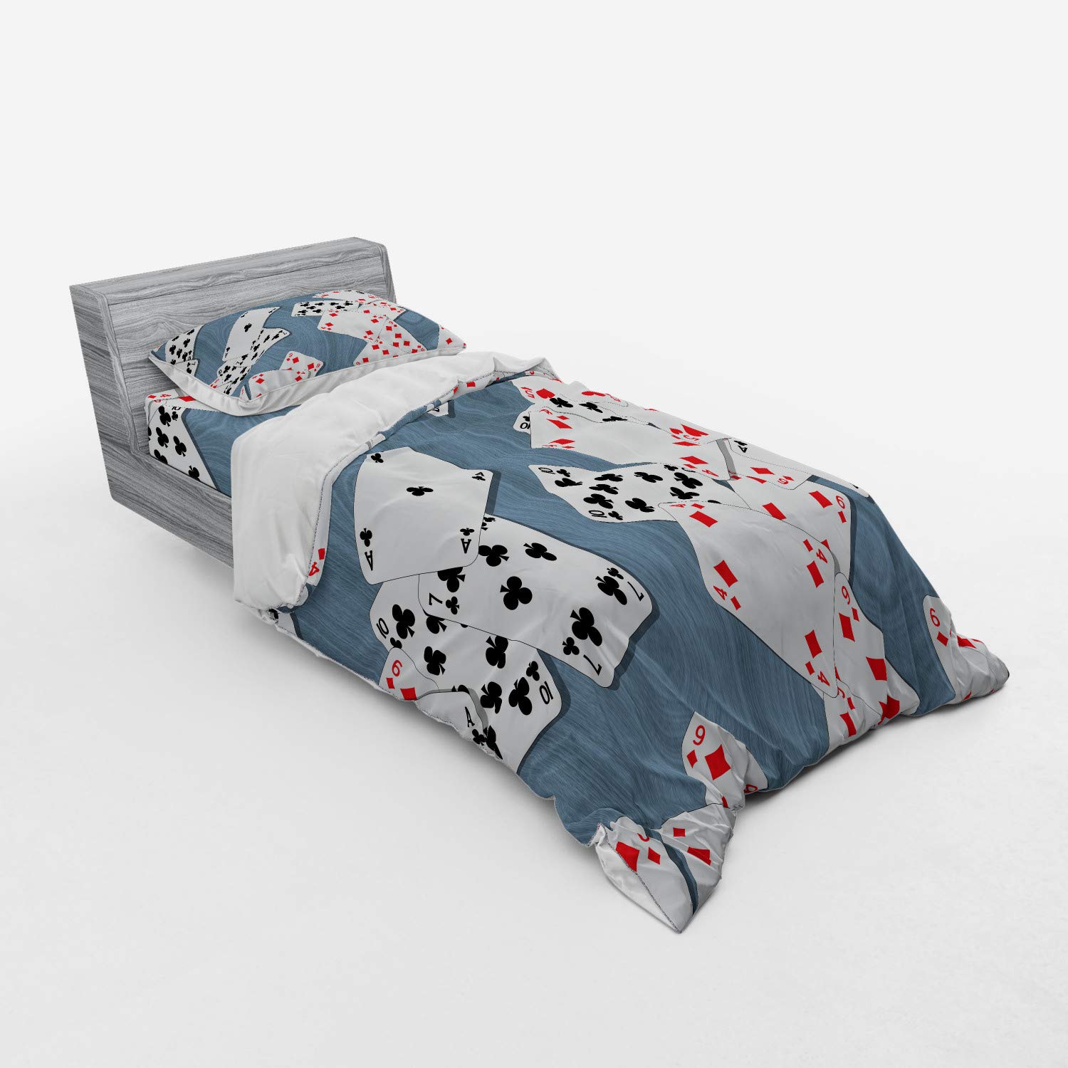 Ambesonne Casino Themed Bedding Set - 3 Piece Duvet Cover with Sham & Fitted Sheet, Twin Size, Slate Blue Red Black - Abstract Playing Cards Design with Metropolitan Tourist Attractions | Perfect for Casino Lovers, Themed Bedrooms & Unique Home Decor