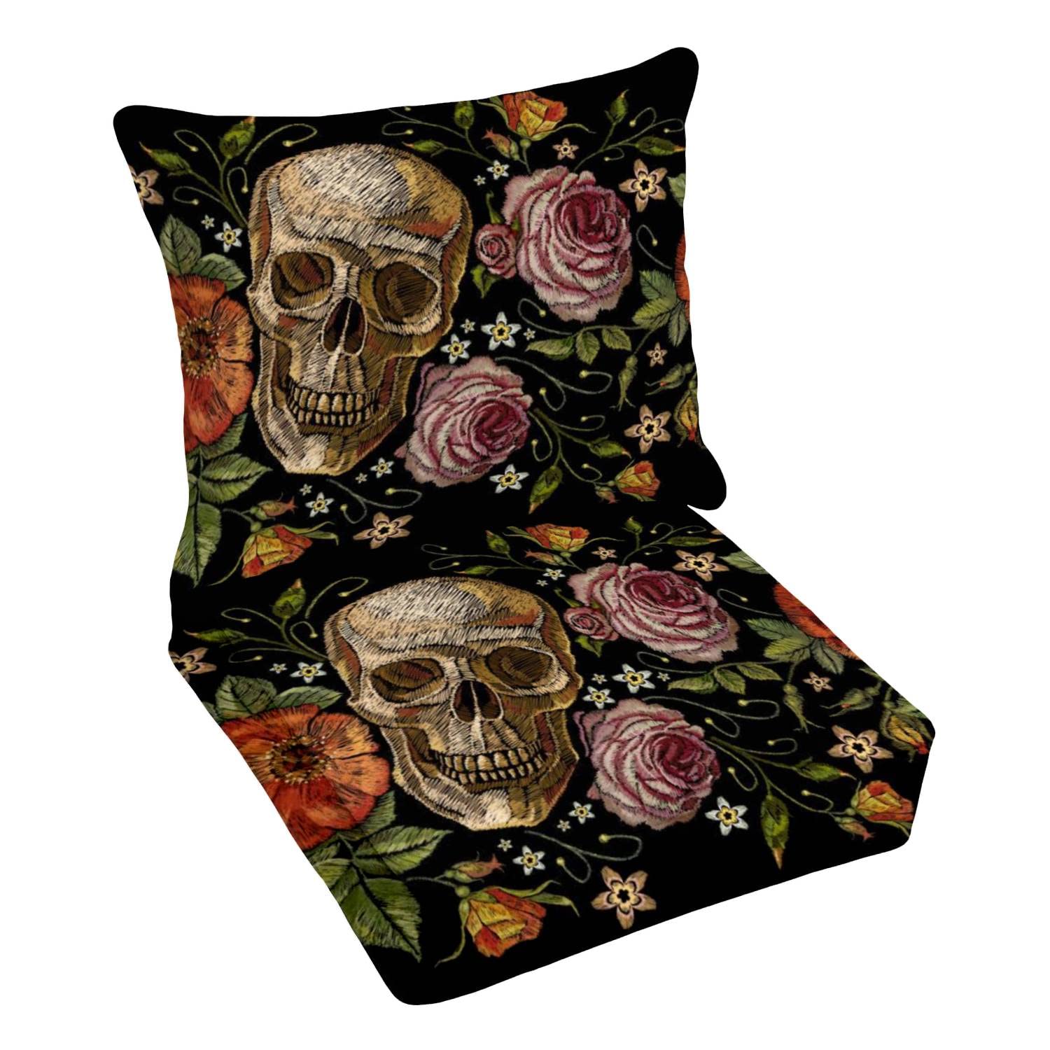 Premium Outdoor Deep Seating Cushion Set - Skull & Roses Embroidery Dia de Muertos Design - Waterproof Patio Furniture Replacement Cushions for Lounge Chairs - Perfect for Backyard, Poolside & Garden Relaxation