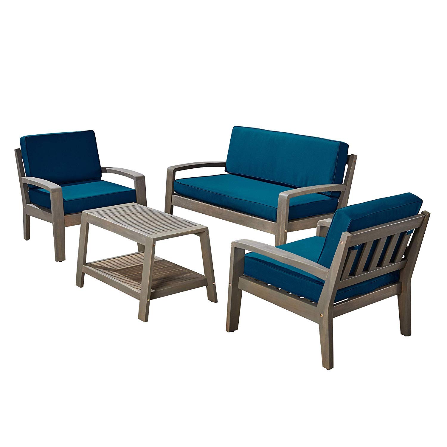 Acacia Wood 4-Piece Patio Conversation Set with Coffee Table & Teal Cushions - Gray Weather-Resistant Outdoor Furniture for Garden, Deck, Poolside (Sally Collection)