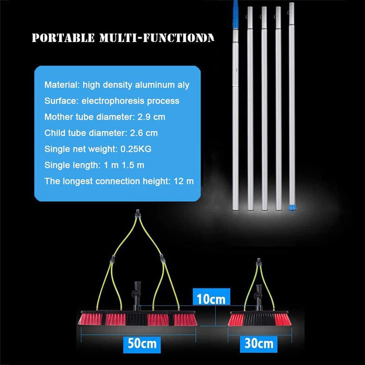 5-10M Extendable Window Cleaning Pole Kit with Brush - Water/Hose Fed for Solar Panels & Photovoltaic Cleaning - Perfect for High Windows & Hard-to-Reach Areas (7M Size)