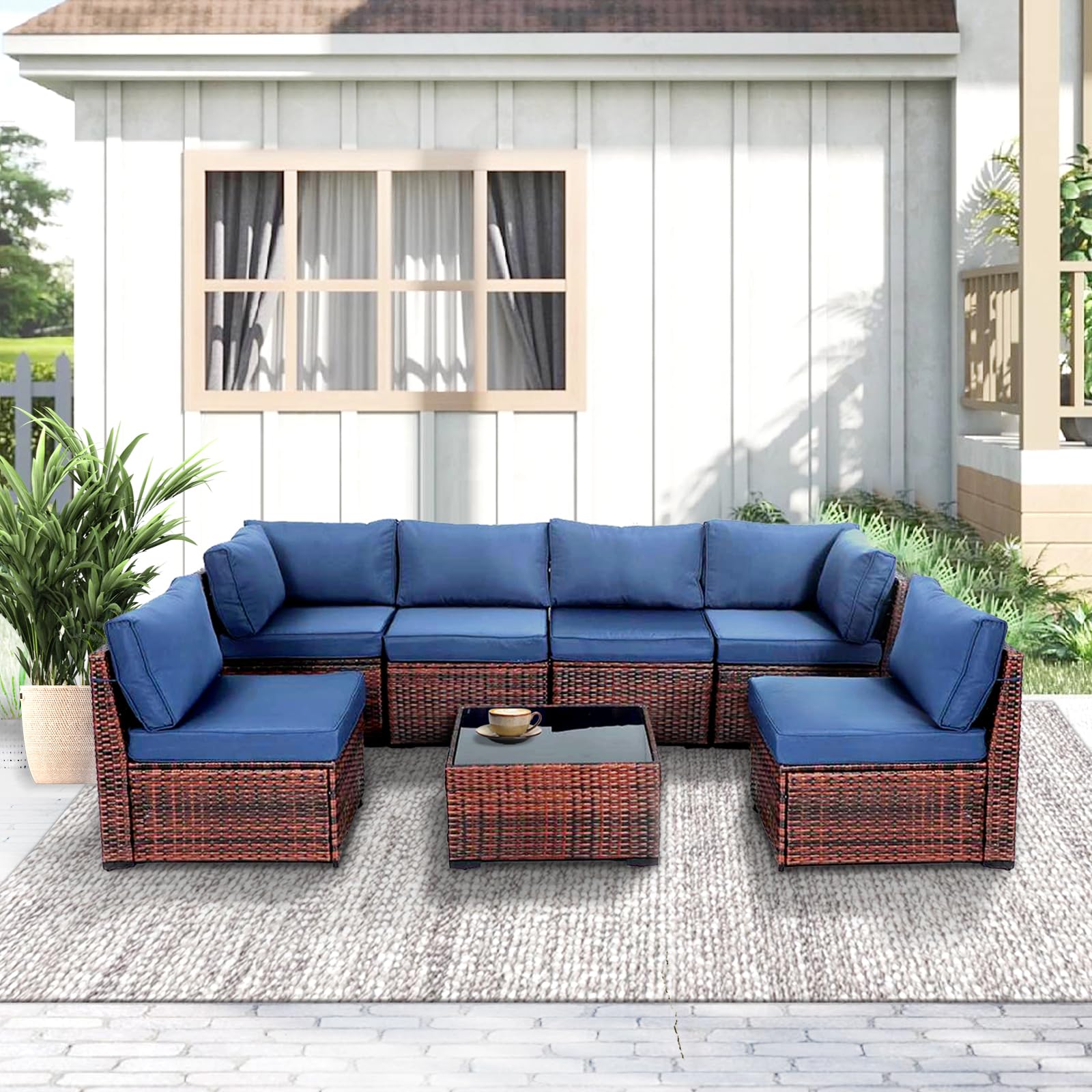7-Piece Outdoor Patio Furniture Set - PE Rattan Sectional Sofa with Thick Cushions & Coffee Table - Waterproof Navy Blue Conversation Set for Garden, Poolside, Backyard & Balcony