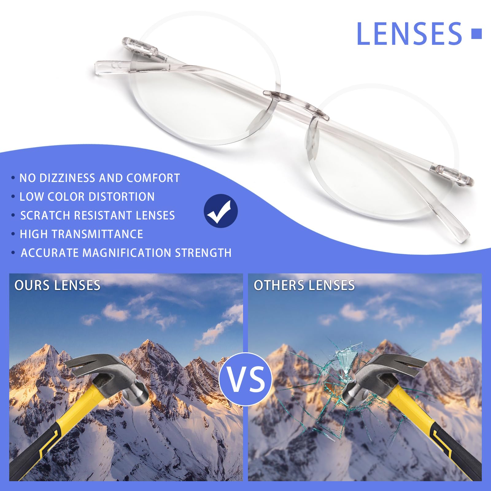 KoKoBin 3 Pack Rimless Round Reading Glasses - Blue Light Blocking Computer Glasses for Men & Women - Anti-Eye Strain for Office Work, Gaming & Screen Time