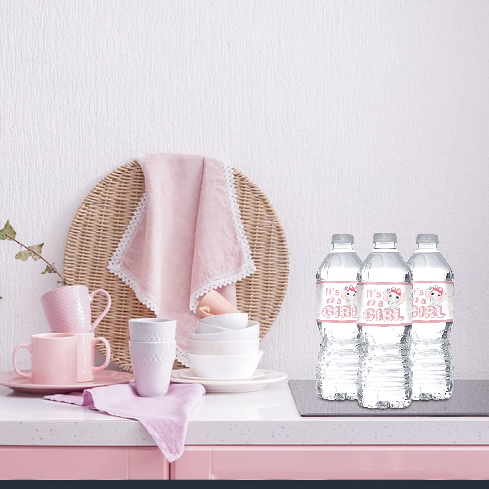 Pink 'It's A Girl' Water Bottle Stickers - Elephant Theme Gender Reveal & Baby Shower Party Supplies (32-Pack) - Perfect for Birthday Celebrations, Nursery Decor, and Gender Announcement Parties