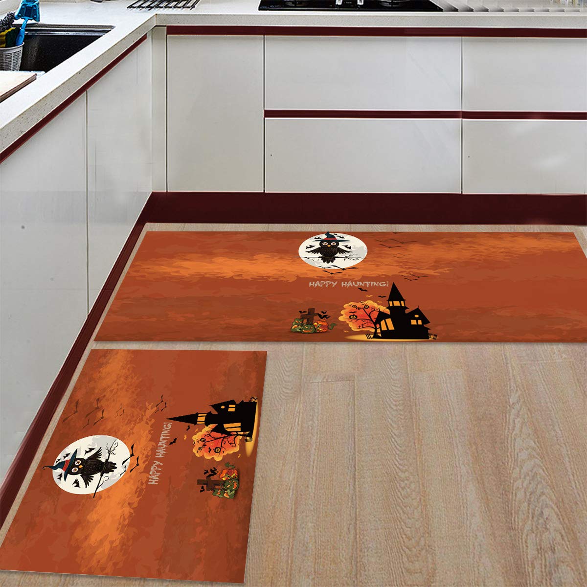 Happy Halloween Non-Slip Kitchen Rug Set - 2 Piece Washable Floor Mats with Castle & Magic Owl Design, 19.7