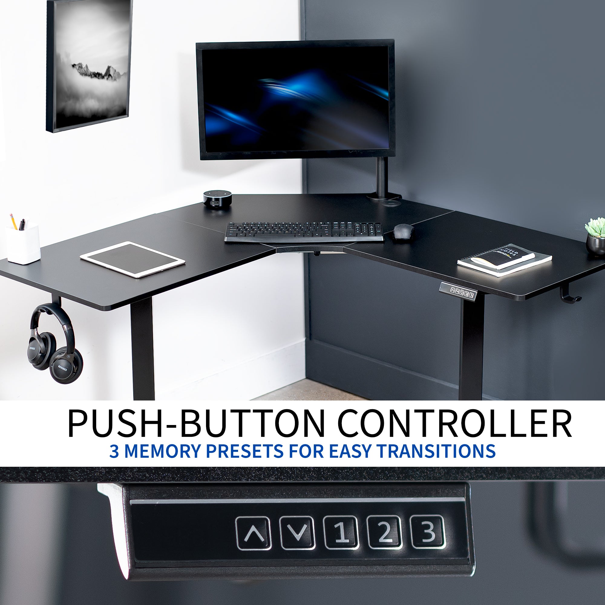 E1L Series 47 x 47 Corner Electric Standing Desk - Adjustable Height Home Office Workstation for Small Spaces | Perfect for Remote Work, Gaming & Study Setup
