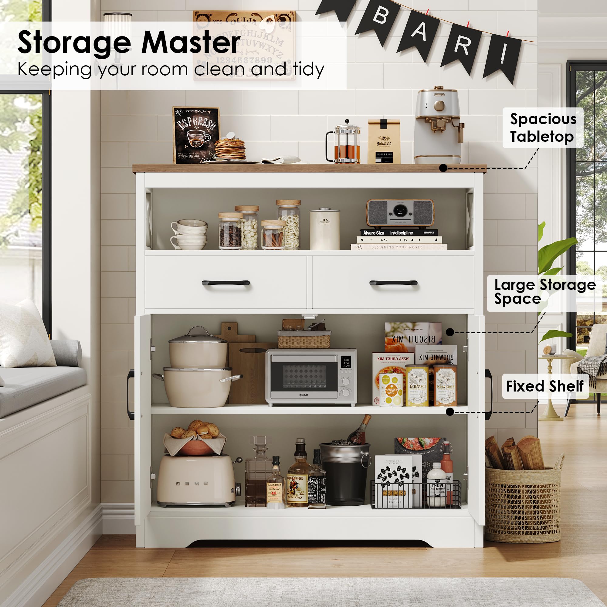 Modern Farmhouse Buffet Sideboard - Wooden Kitchen Storage Cabinet with Shelves, Doors & Drawers - Coffee Bar & Living Room Cupboard - White & Rustic Brown - Perfect for Dining Room, Entryway & Home Organization