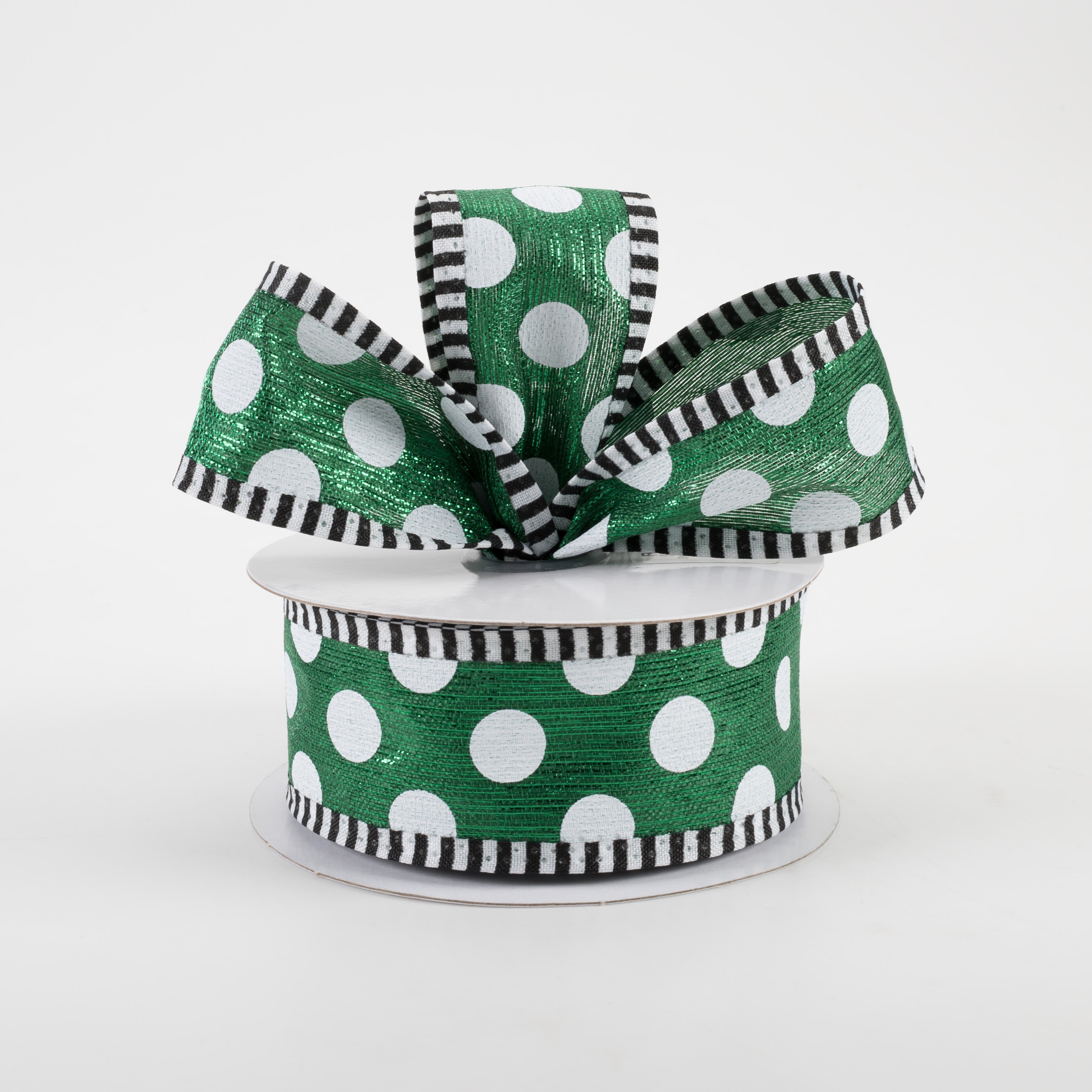 1.5 Inch Medium Polka Dot Stripe Edge Ribbon - Emerald Green & White (10 Yards) for Gift Wrapping, DIY Crafts, Wedding Decorations and Party Favors