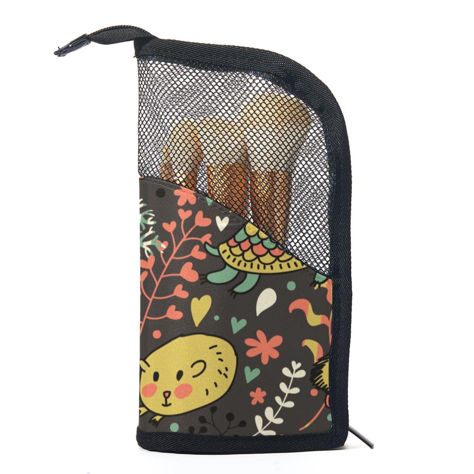 Premium Makeup Brush Organizer Bag with 12 Brushes - Cute Cat, Bird, Dog & Flower Design - Portable Travel Cosmetic Brush Holder Case - Perfect for Home, Travel & Professional Makeup Artists