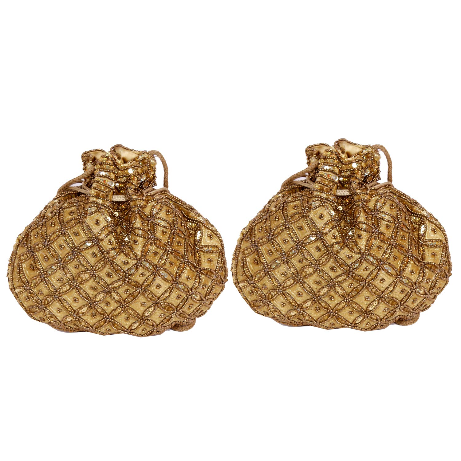 2 Pack Indian Beaded Potli Bag for Women & Girls - Golden Wedding Clutch, Jewelry Pouch | Perfect for Bridal Accessories, Cultural Events & Gift Giving
