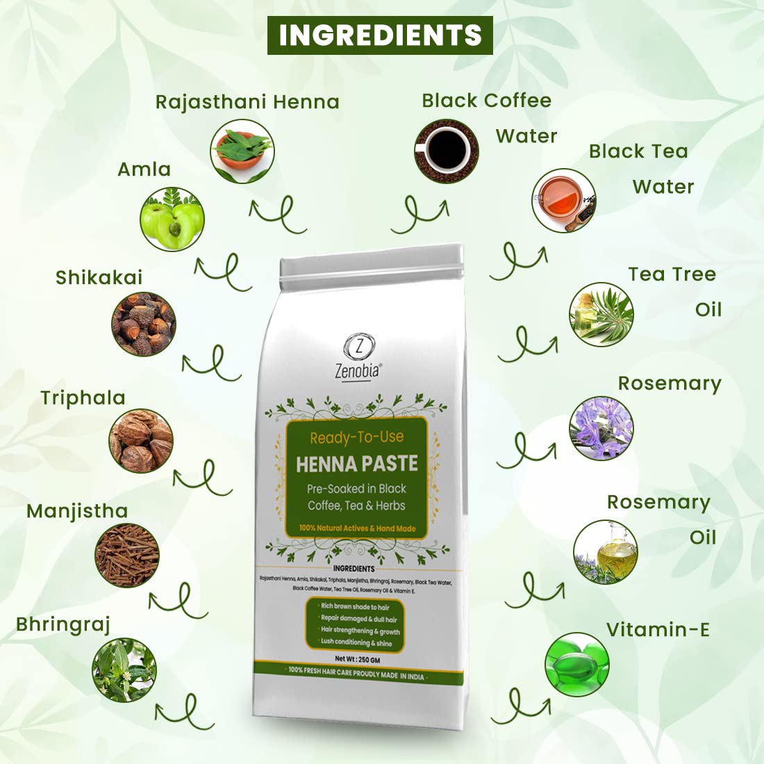 Zenobia Natural Herbal Henna Hair Dye Paste - Chemical-Free, Ready-to-Use Mehendi for Rich Brown Color, Repairs Damage & Reduces Hair Fall (Pack of 1) - Perfect for At-Home Hair Coloring & Natural Hair Care