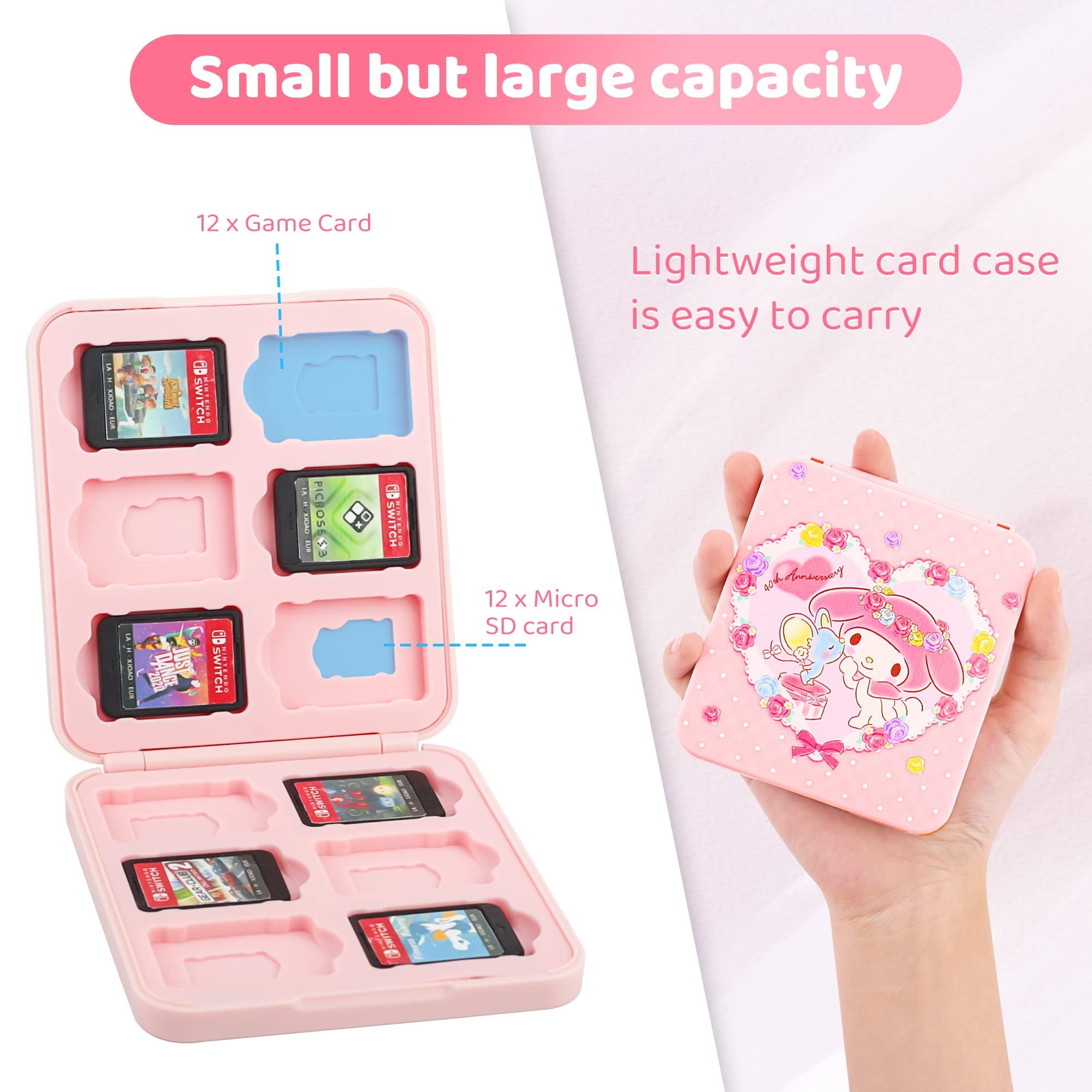 Pink Anime Nintendo Switch Case for Switch/OLED/Lite - Slim Game Holder with 12 Game Card & 12 Micro SD Card Slots - Cute Portable Storage Case for Girls - Perfect for Travel, Gaming Parties & On-the-Go Protection