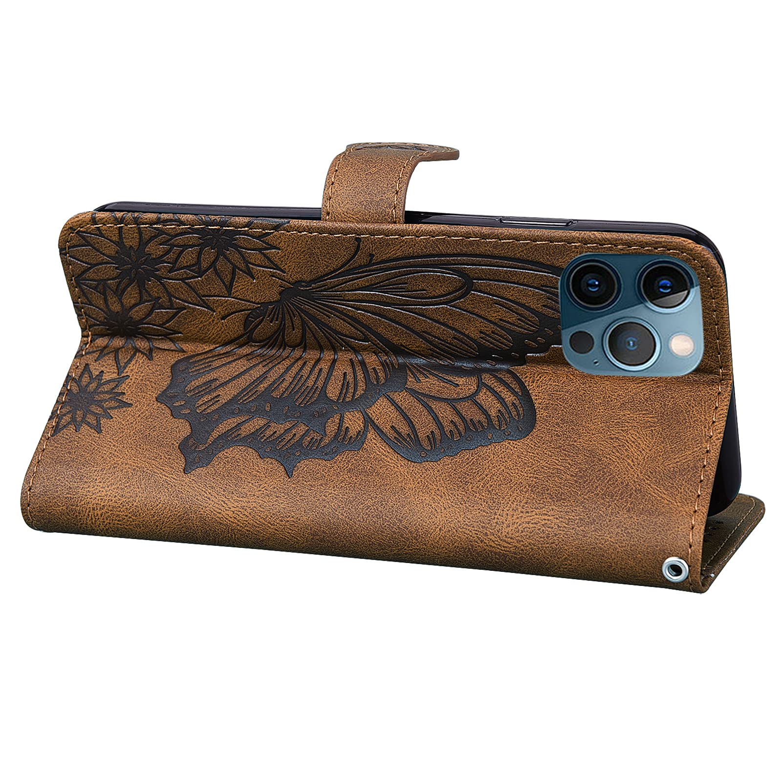 Vintage Embossed Butterfly Leather Wallet Case for iPhone 12 Pro Max - PU Leather Book Style Shockproof Cover (Brown CY3) | Perfect for Daily Use, Travel & Business Protection