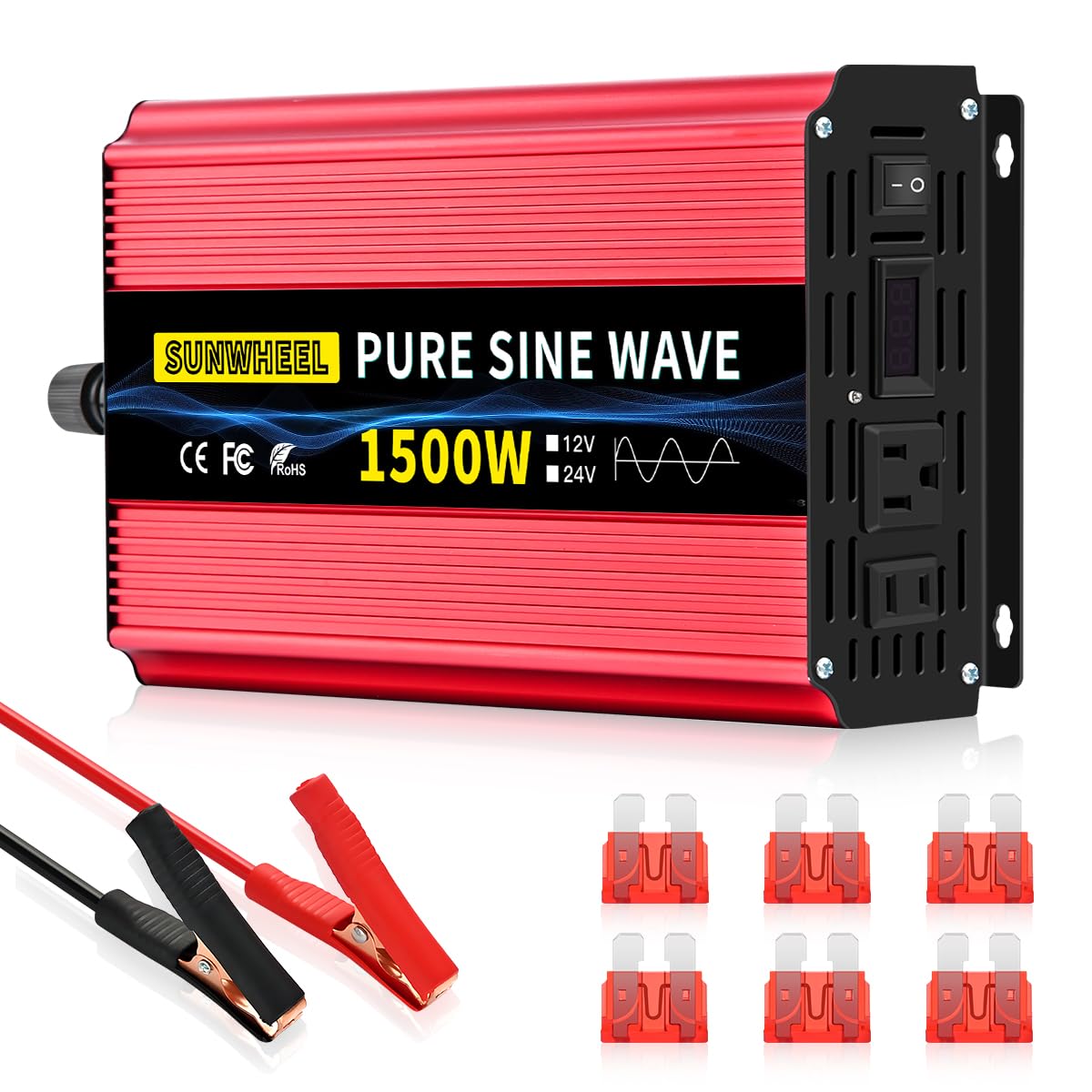 SUNWHEEL 1500W Pure Sine Wave Power Inverter - 12V DC to 110V/120V AC Converter with LCD Display & 2 Outlets for Solar Off-Grid, RV, Truck, Home Appliances (Microwave, Refrigerator, Coffee Maker, TV) - Perfect for Camping, Road Trips & Emergency Power Backup