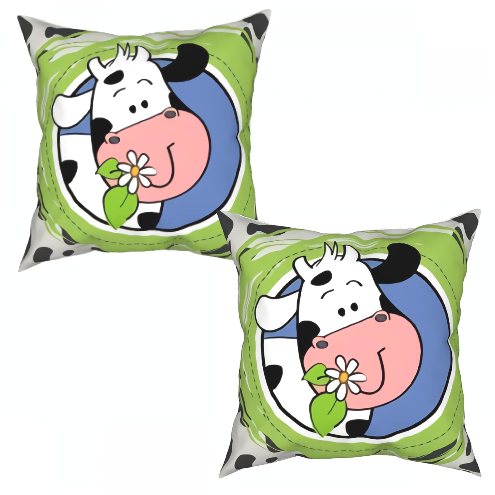 Cute Cow Smiling Pillow Covers with White Flowers - Set of 2 Decorative Throw Pillow Cases for Couch, Bed, Sofa & Home Decor - Soft & Cozy Accent Pillows for Living Room, Nursery or Gift