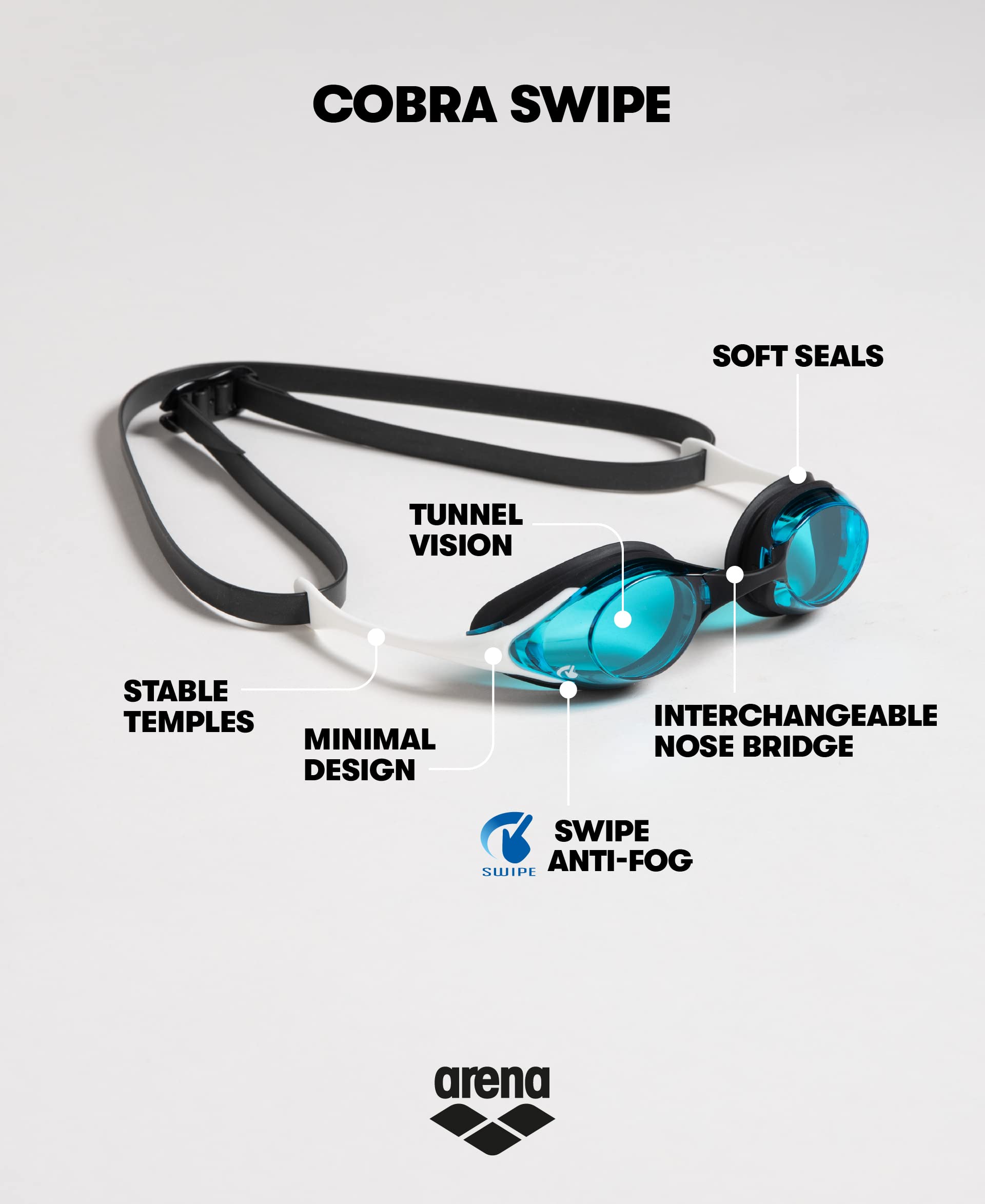 ARENA Unisex Adult Cobra Swipe Anti-Fog Racing Swim Goggles - Polycarbonate Mirror/Non-Mirror Lens, Hydrodynamic Design - Perfect for Competitive Swimming, Triathlons & Pool Training