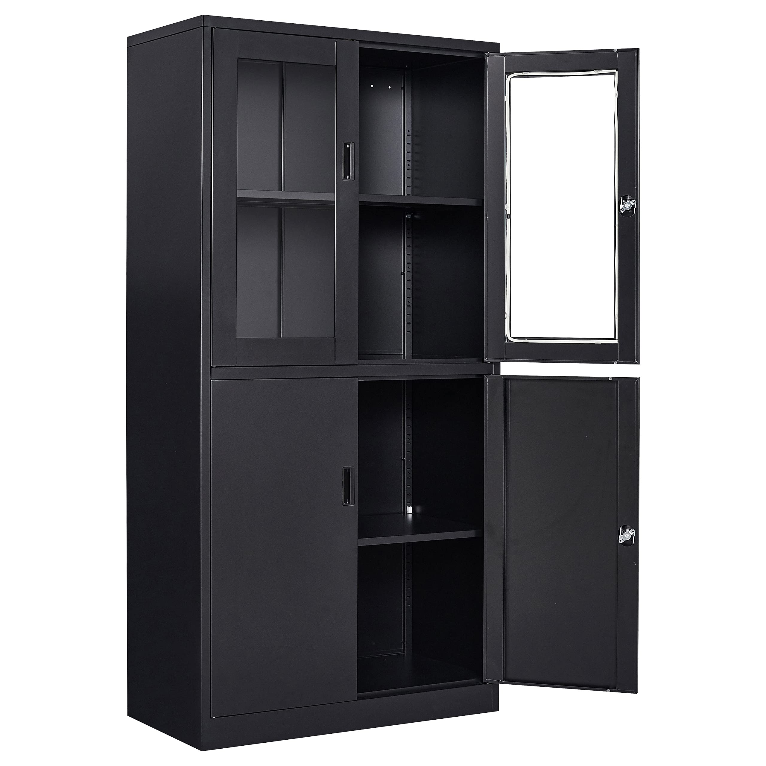 Black Metal Display Cabinet with Glass Doors & Lock - Freestanding Storage Cabinet for Kitchen, Pantry, Bathroom or Home Office - Perfect for Organizing Dishes, Food, Towels & Office Supplies